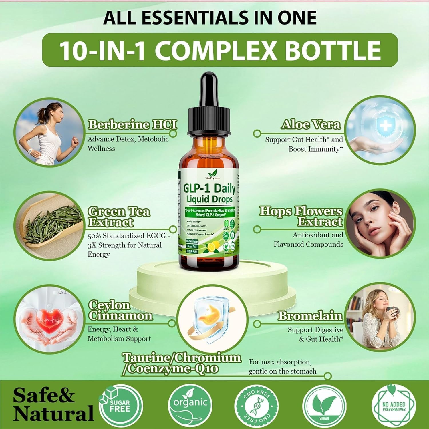 GLP-1 Support Liquid Drops, 10-In-1 Formula with Berberine, Ceylon Cinnamon, Prebiotic Fiber & Green Tea Extract | Support Healthy Metabolism, Digestive & Gut Health for Women & Men | Vegan, Non-Gmo