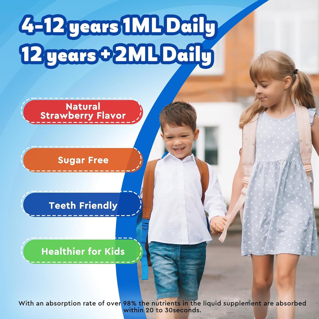 Kids Focus and Attention Supplements with Phosphatidylserine, Omega-3, Magnesium Glycinate & L-Theanine, Brain Vitamins Liquid Drops for Kids Memory, Cognitive, Sleep, Calm & Mood, Strawberry, 2 Fl Oz