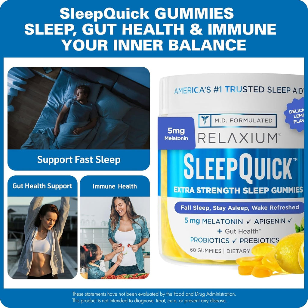 Relaxium Sleepquick Gummies - Sleep Aid + Gut Health & Immune Support, 5 Mg Melatonin, Vitamin D-3 + Prebiotic & Probiotic Blend, Gluten & Drug Free, Lemon Flavor, 60 Gummies