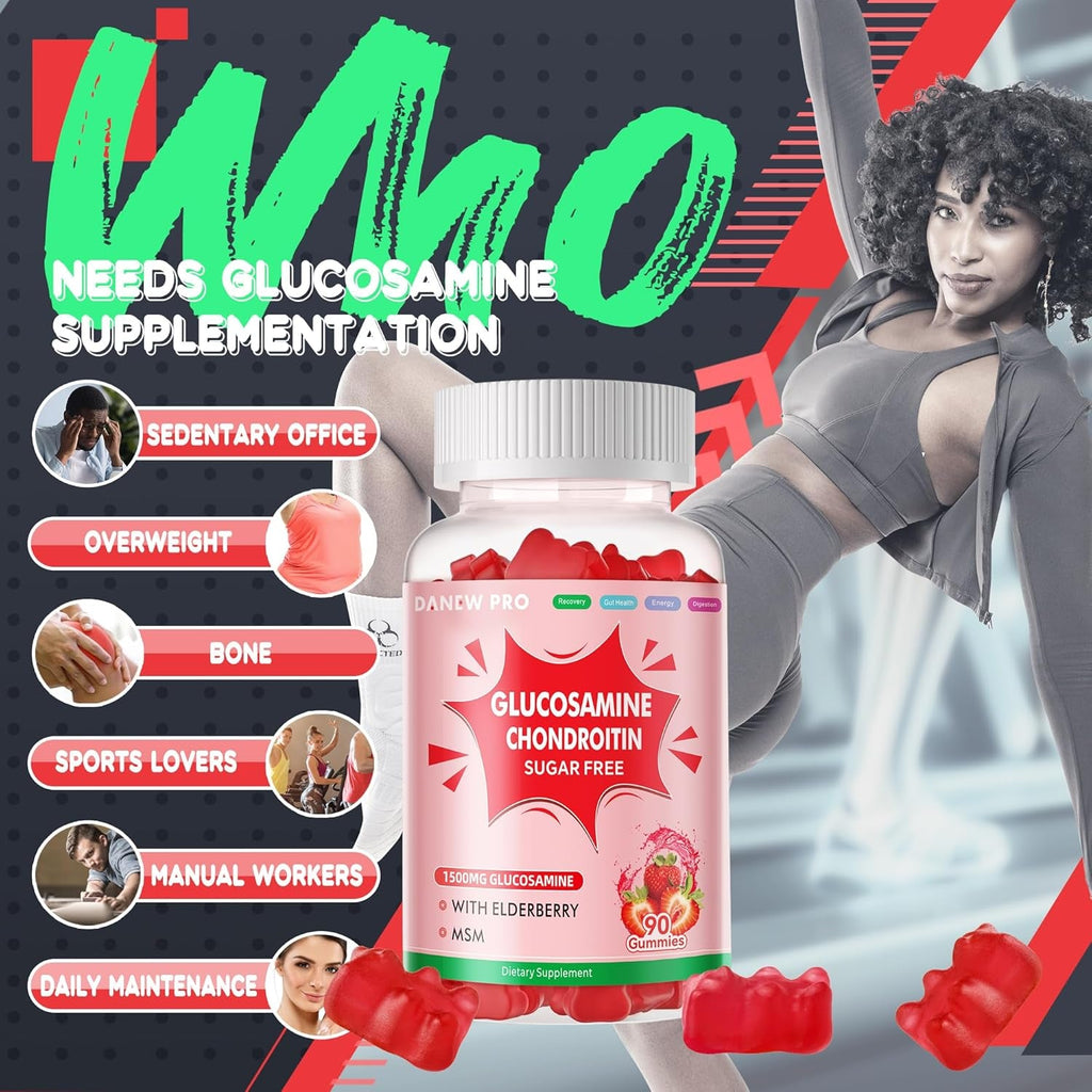 DANEW Pro Glucosamine Chondroitin Gummies with MSM & Elderberry Extra Strength - Joint Support, Antioxidant Immune Support Supplement for Adults, Men & Women.90 Strawberry Gummies