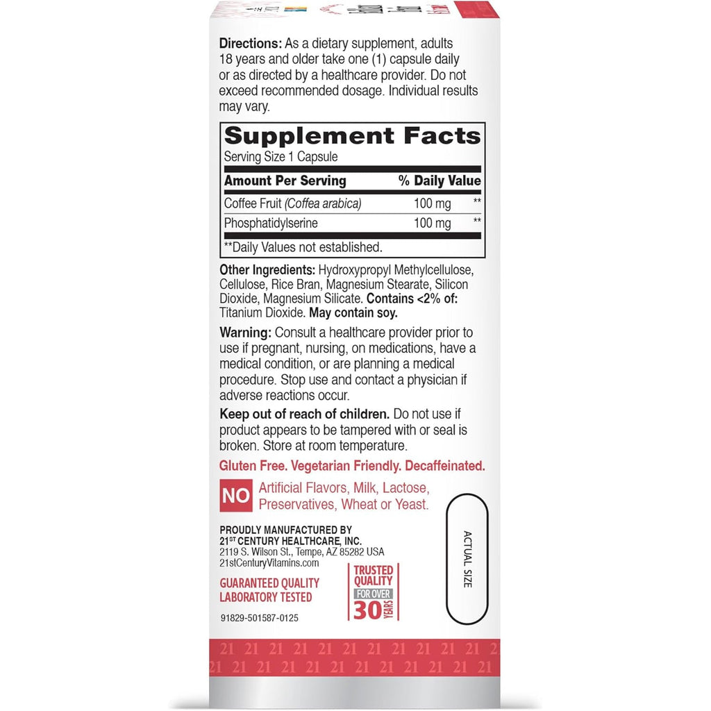 21St Century Brilliant Brain Performance Capsules, (30 Count), Cognitive Health Support, Contains Plant-Sourced Phosphatidylserine & Nootropic Coffee Fruit Extract, Decaf & Gluten Free