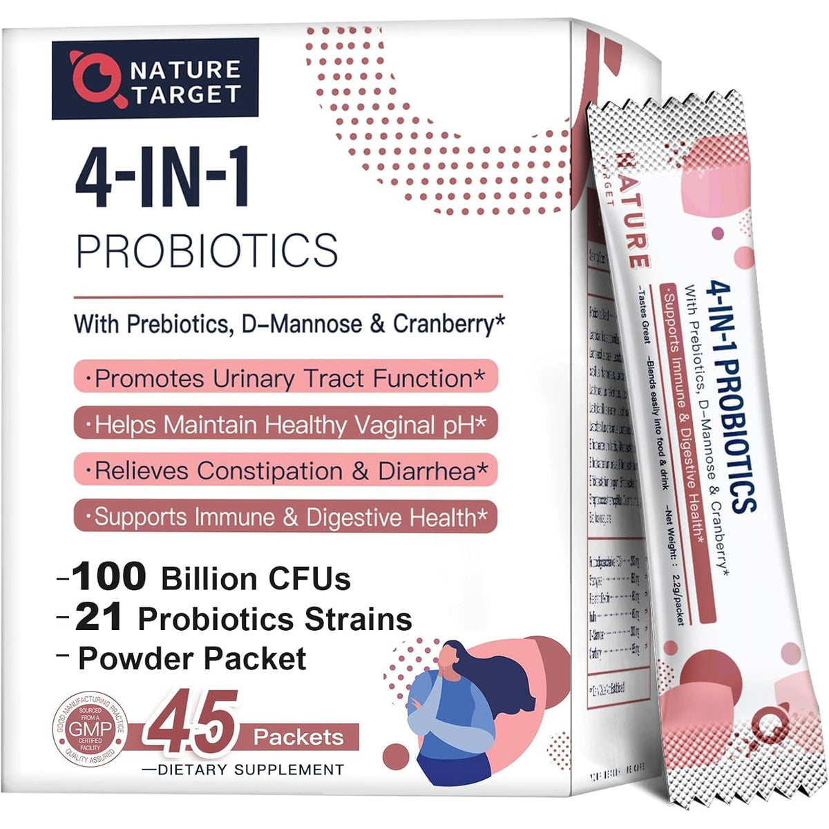 NATURE TARGET Probiotics-For-Women Prebiotics-And-Probiotics-Powder, 100-Billion-Cfus 45-Day-Supply, Women'S-Probiotic with D-Mannose and Cranberry for Urinary Tract/Gut/Digestive Health