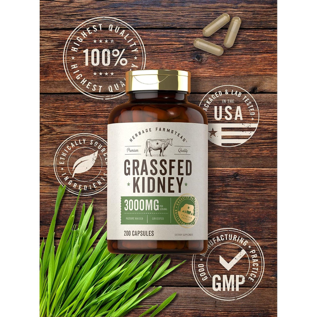 Carlyle Grass Fed Beef Kidney Supplement | 200 Capsules | 3000Mg | Pasture Raised Desiccated Bovine Supplement | Hormone and Pesticide Free | Non-Gmo, Gluten Free | by Herbage Farmstead
