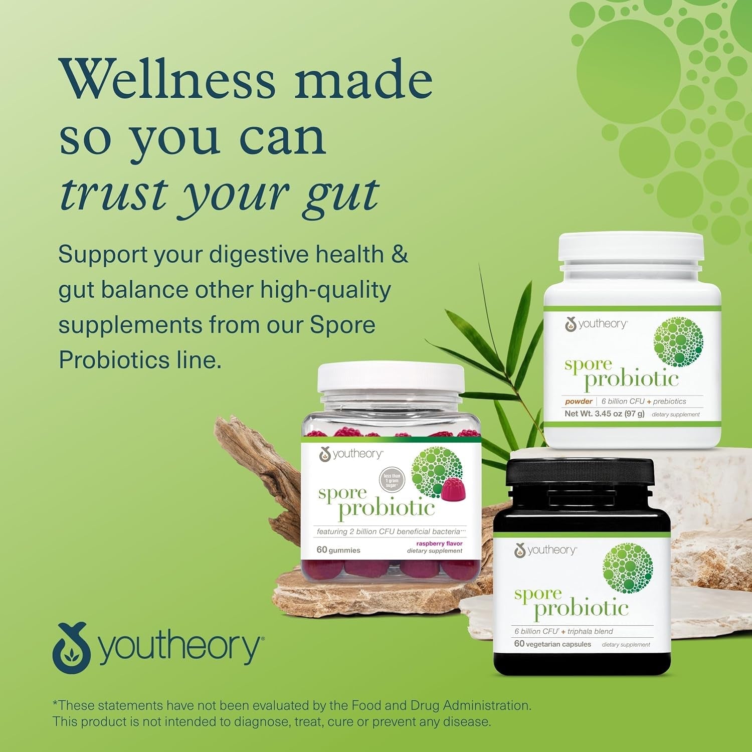 Youtheory Spore Probiotic - Helps Gut Health* - 6 Billion CFU with Prebiotics - Supports Regular Bowel Movement & Diarrhea Relief* - Shelf Stable - 60 Vegetarian Capsules (30-Day Supply)