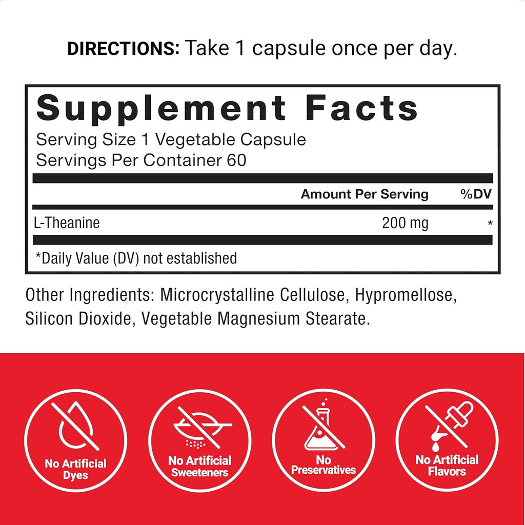 Force Factor L Theanine 200Mg, Extra Strength L-Theanine Supplement for Stress Relief, and Supporting Calm and Relaxation, Vegan, Non-Gmo, No Gelatin, 60 Vegetable Capsules