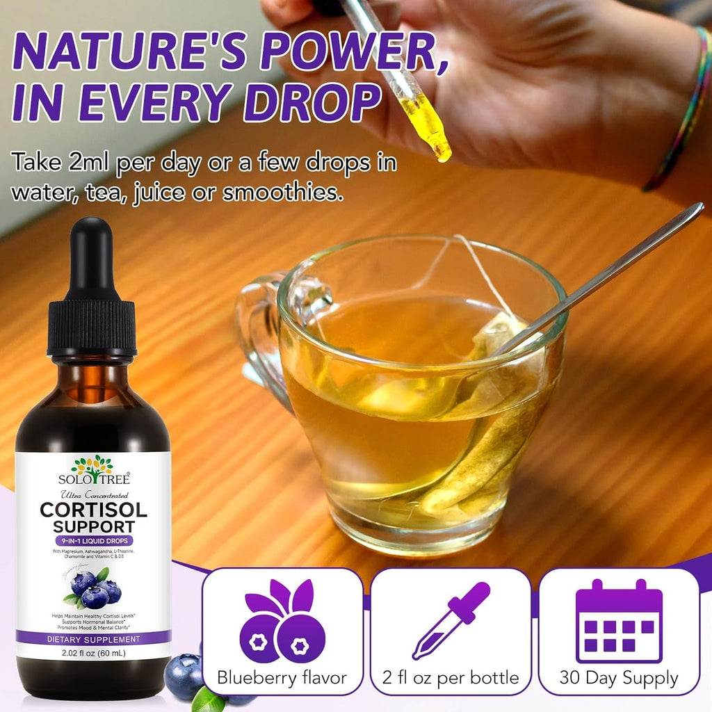 NIFEISHI Cortisol Reducer & Manager Liquid Drops for Women & Men | Cortisol Supplements with Ashwagandha & Magnesium | 9-In-1 Stress & Mood Support, Blueberry Flavor-2.02 Floz
