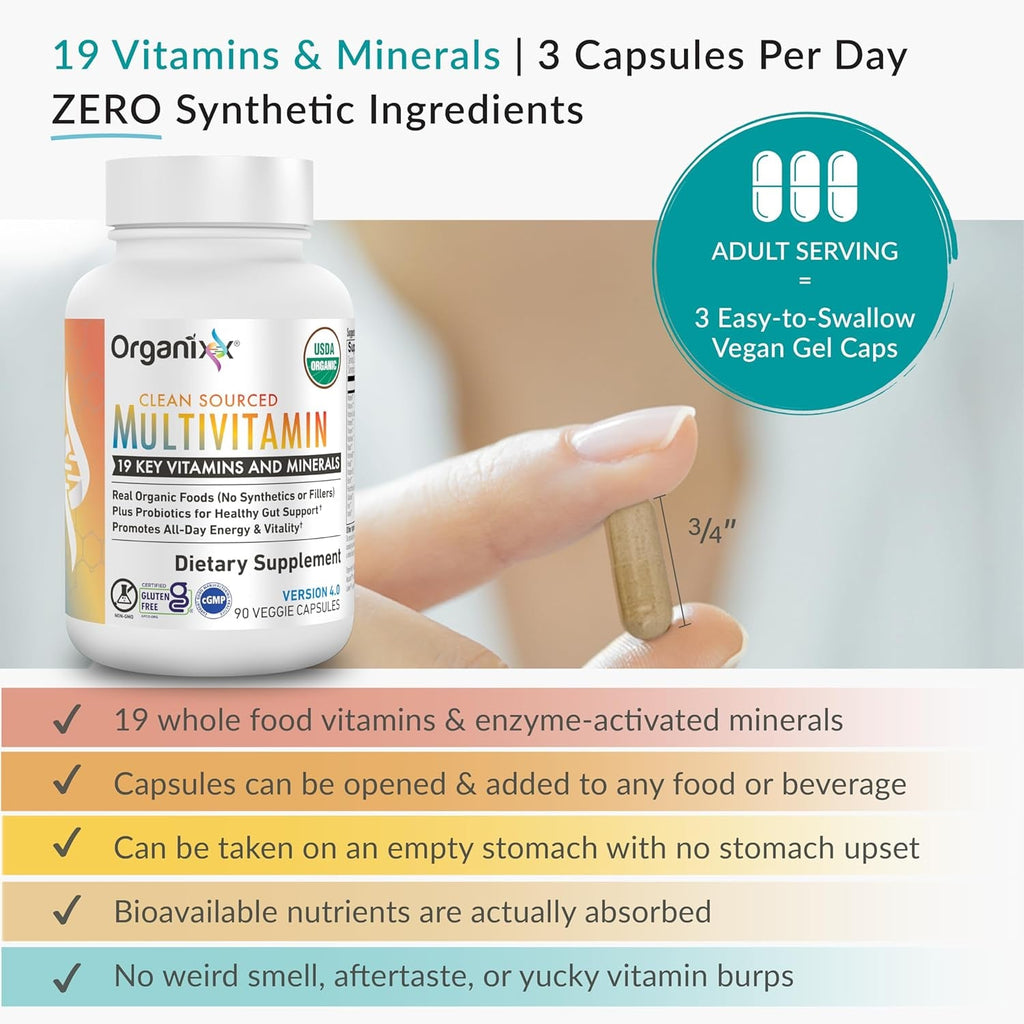 Organixx Clean Sourced Multivitamin for Women & Men, W/Vitamin C, D3, Vitamin B Complex, Probiotics, Organic Fruits & Vegetables, Supports Digestive Gut Health, Immune Support, 90 Vegan Gel Capsules