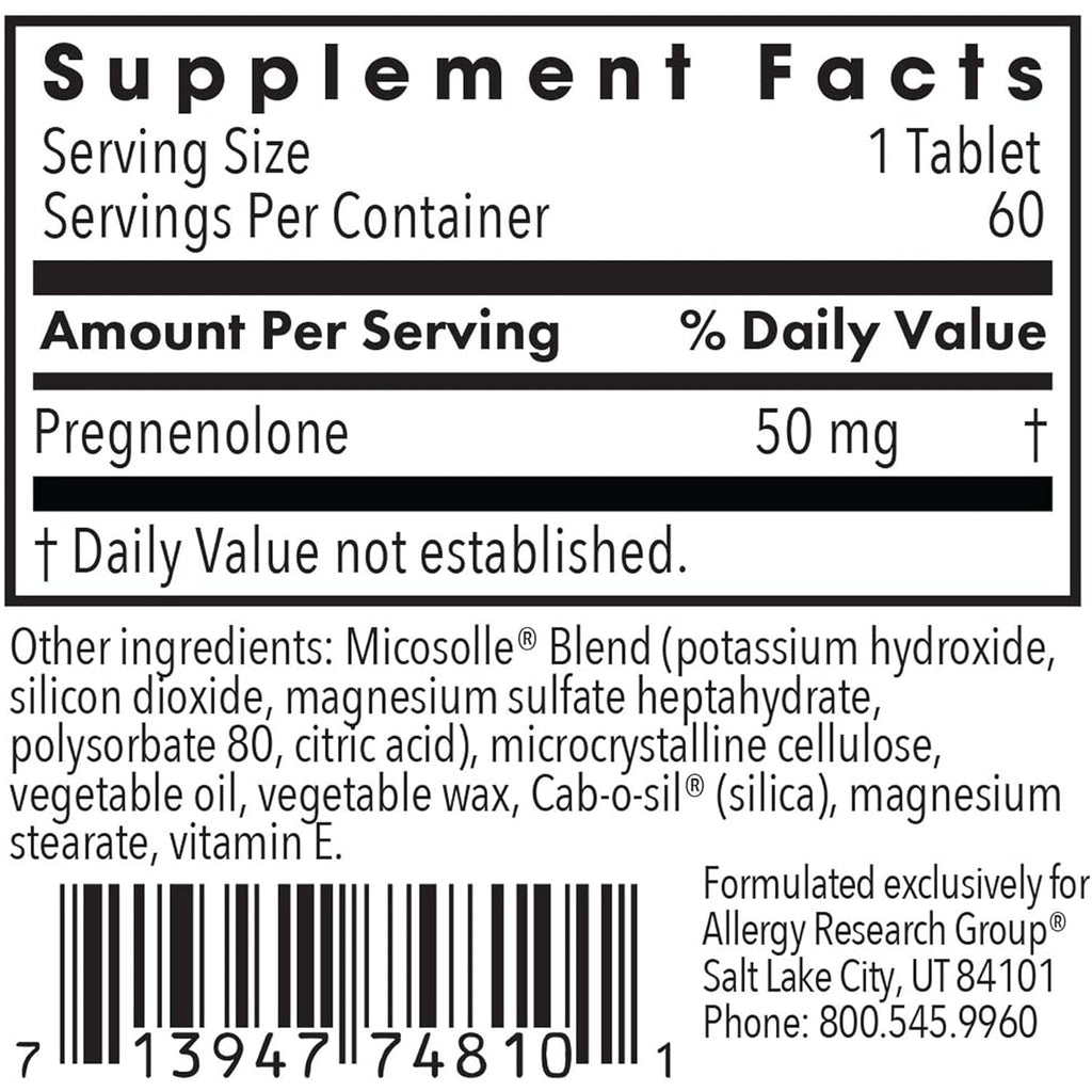 Allergy Research Group ARG Pregnenolone 50 Mg - Micronized Hormone Precursor Support - Highly Bioavailable - Hypoallergenic - 60 Servings - 60 Scored Tablets