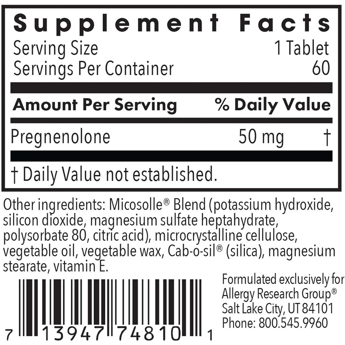 Allergy Research Group ARG Pregnenolone 50 Mg - Micronized Hormone Precursor Support - Highly Bioavailable - Hypoallergenic - 60 Servings - 60 Scored Tablets