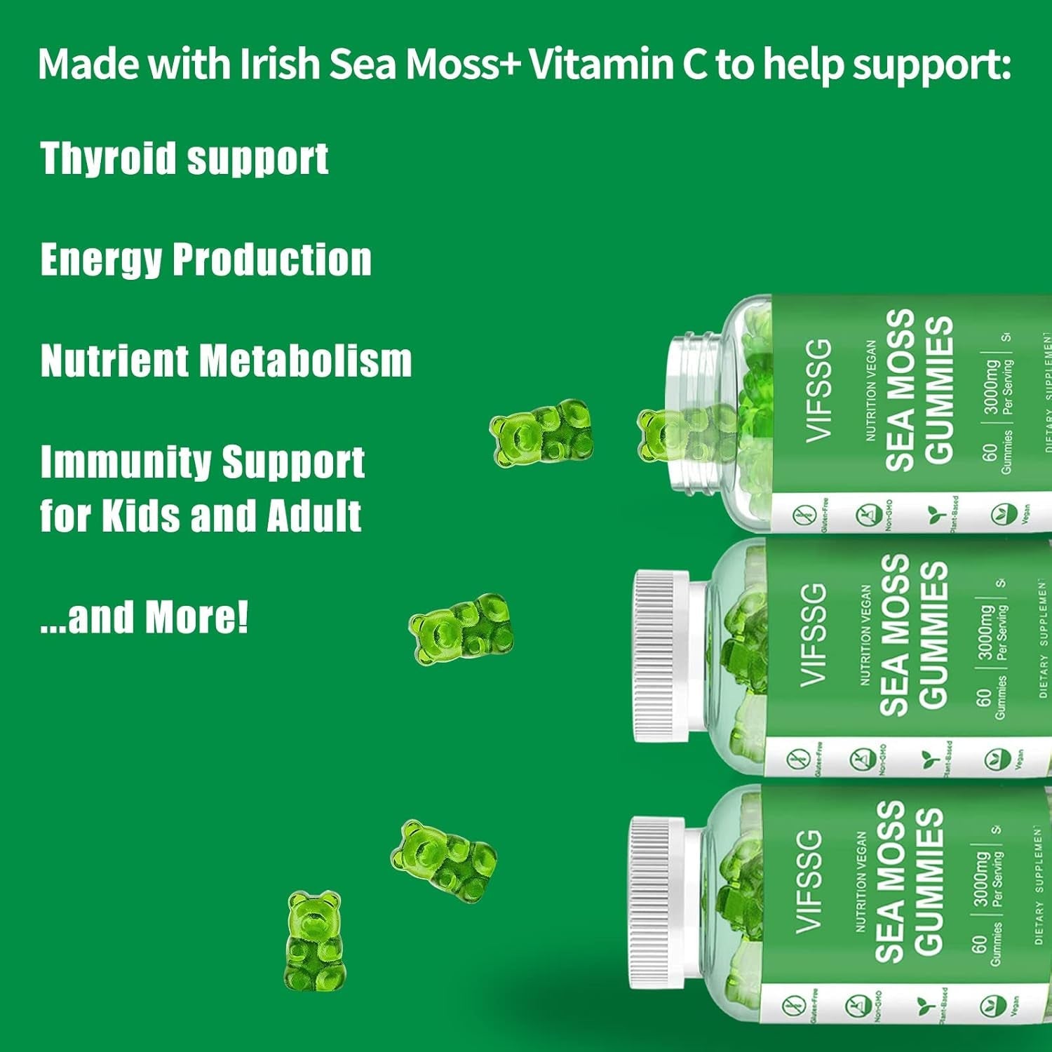 VIFSSG Sea Moss Gummies, 3000Mg Irish Seamoss Gummy Vegan for Adults & Kids with Organic Bladderwrack, Burdock Root and Apple Cider Vinegar Supplement 60 Gummies Pack of 1