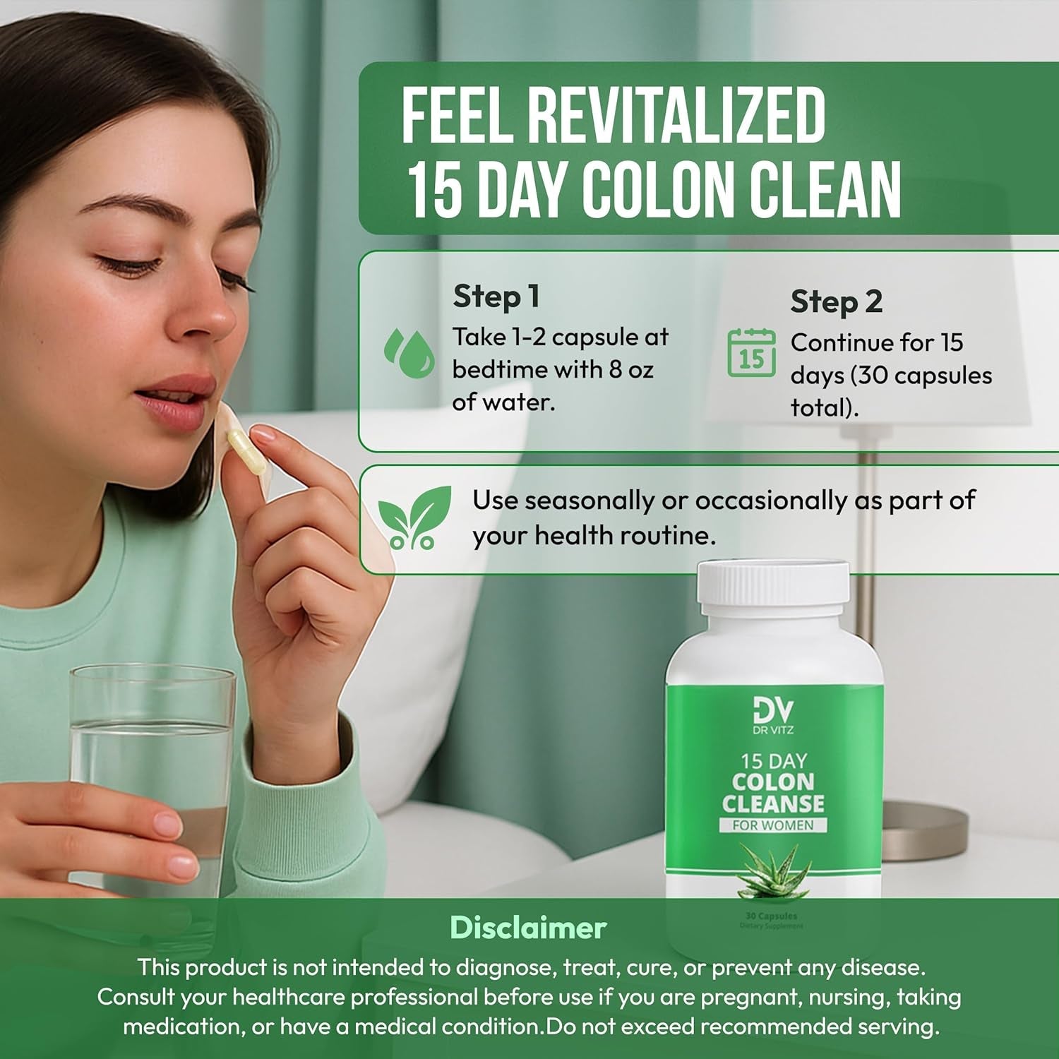 15 Day Colon Cleanse for Women – Natural Detox Pills with Herbs, Fiber & Probiotics – Bloating & Constipation Relief, Weight Loss & Gut Health Reset – 30 Capsules