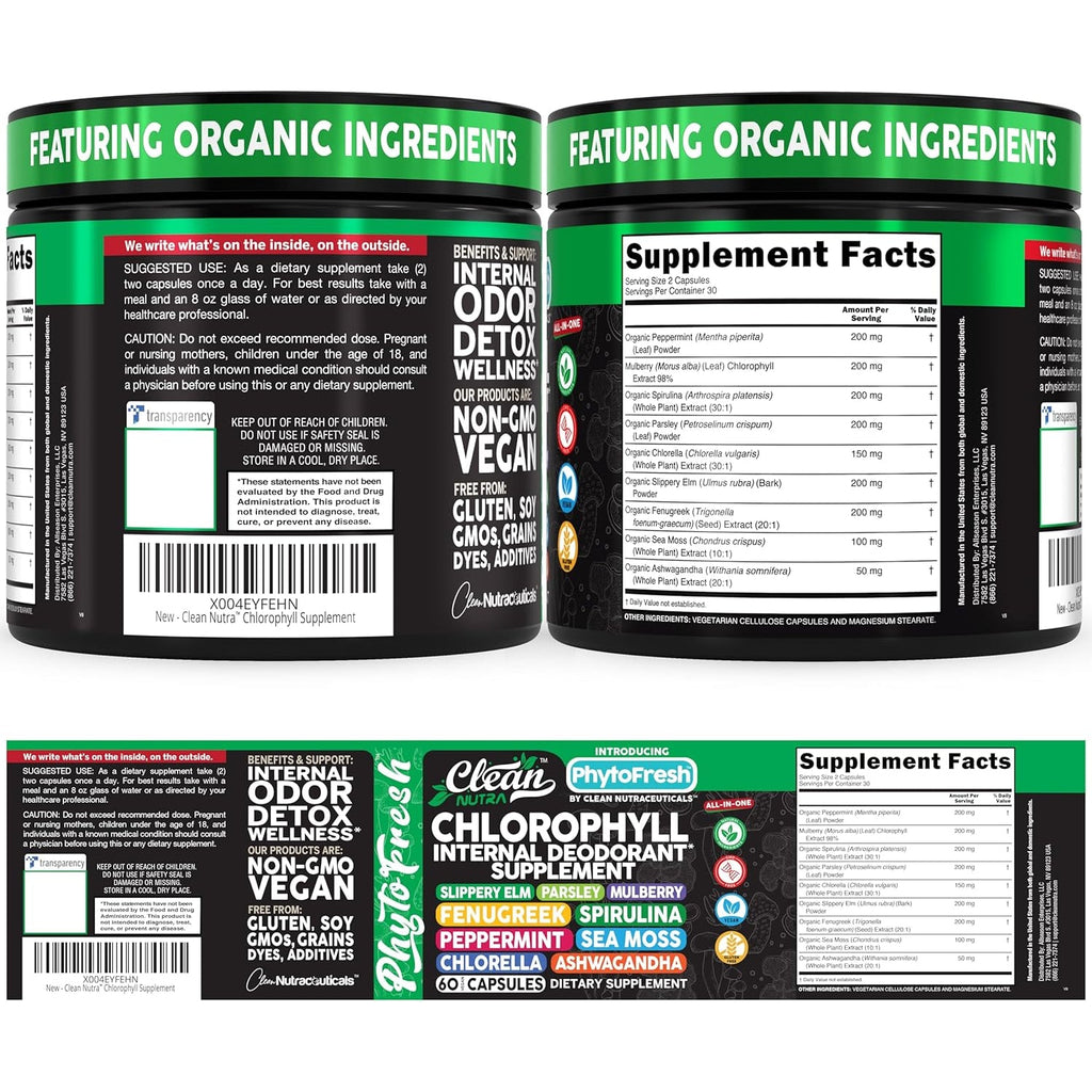 Clean Nutra Chlorophyll Capsules Supplement Internal Deodorant Peppermint, Sea Moss, Parsley, Chlorella, Spirulina, Slippery Elm, Ashwagandha, Phytofresh Greens Detox Pills