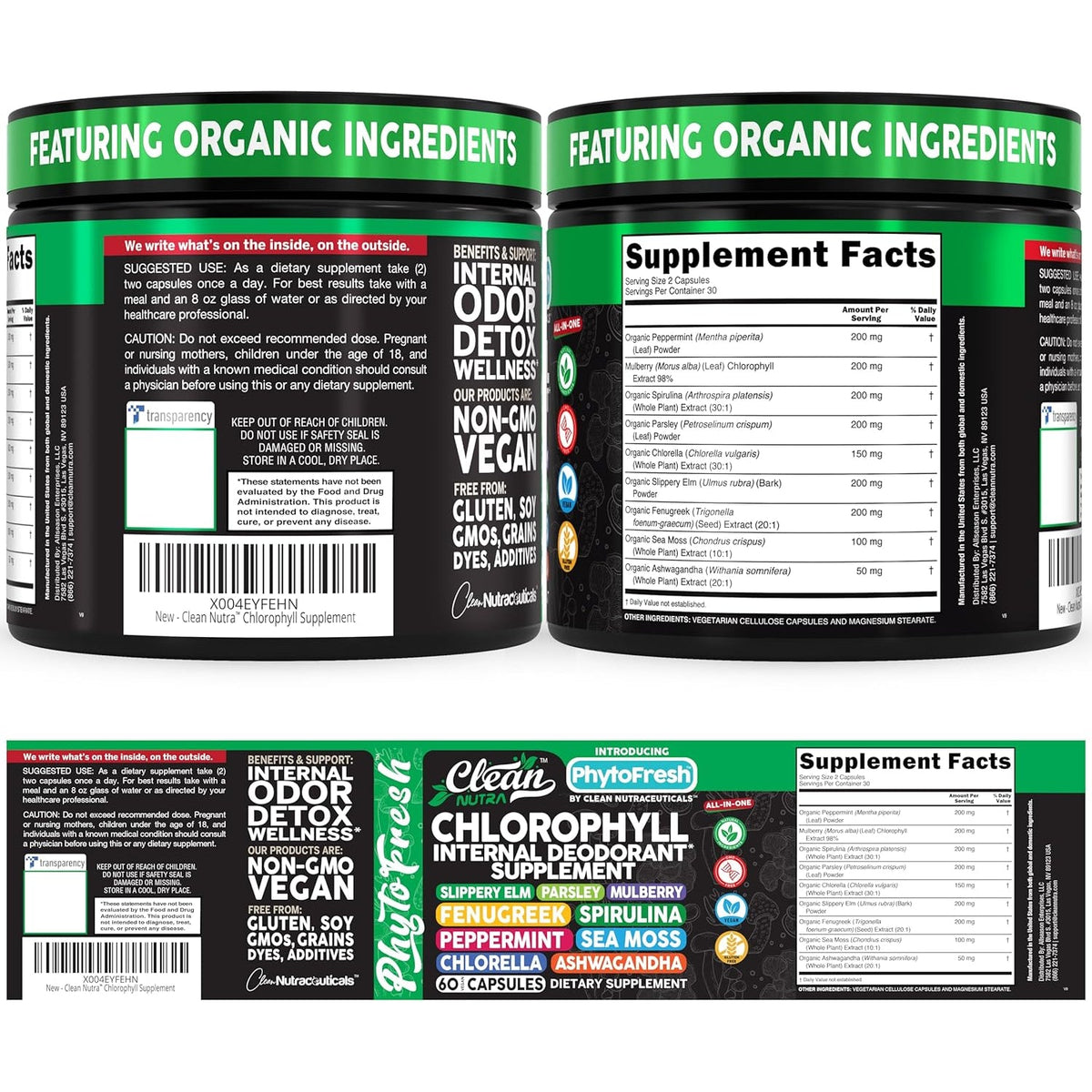 Clean Nutra Chlorophyll Capsules Supplement Internal Deodorant Peppermint, Sea Moss, Parsley, Chlorella, Spirulina, Slippery Elm, Ashwagandha, Phytofresh Greens Detox Pills