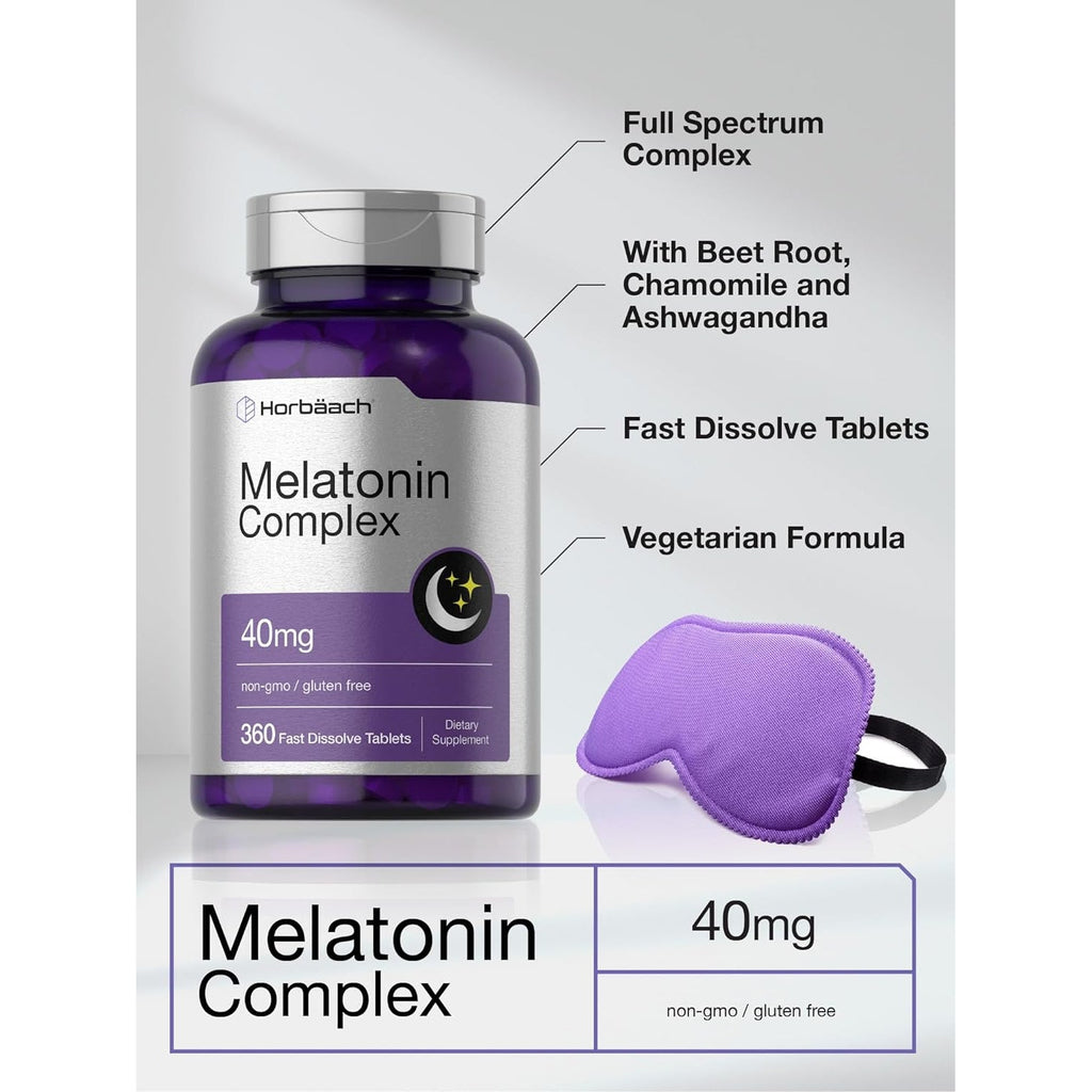 Horbäach Melatonin 40Mg Complex | 360 Fast Dissolve Tablets | Adult Extra Strength Supplement | with Chamomile and Ashwagandha | Vegetarian, Non-Gmo, Gluten Free