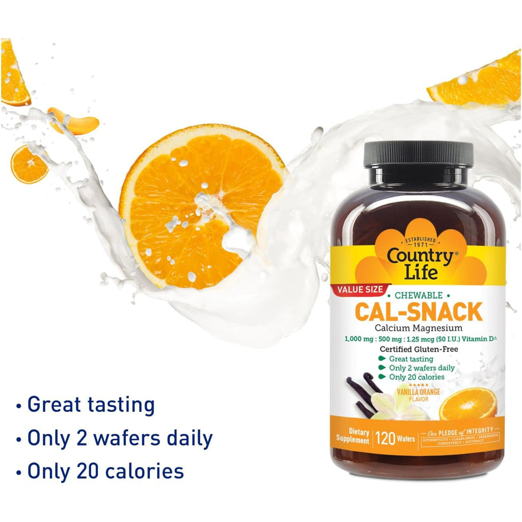 Country Life Cal-Snack - Chewable Calcium Magnesium Supplement Wafers with Vitamin D3, Easy to Digest, Vanilla Orange Flavor, Dietary Supplement