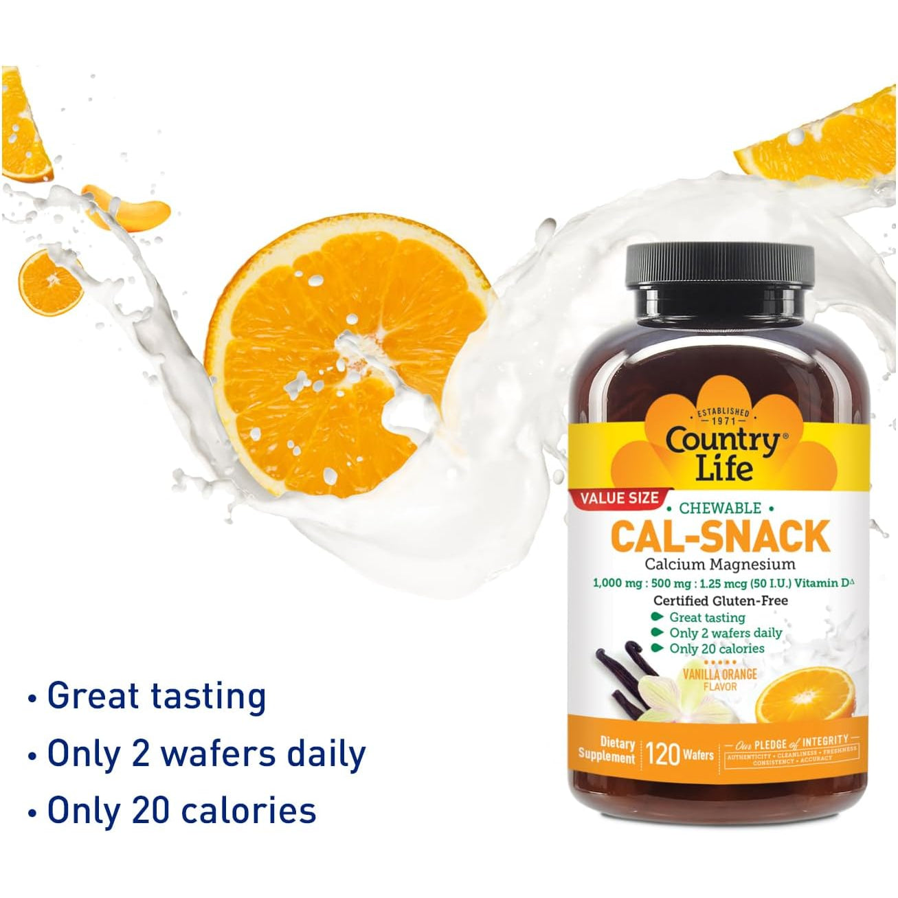 Country Life Cal-Snack - Chewable Calcium Magnesium Supplement Wafers with Vitamin D3, Easy to Digest, Vanilla Orange Flavor, Dietary Supplement