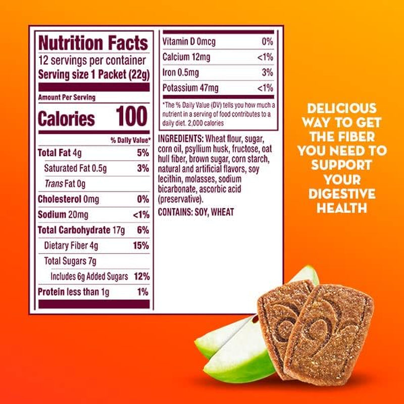 Metamucil, Fiber Thins, Daily Psyllium Husk Fiber Supplement, Supports Digestive Health and Satisfies Hunger, Apple Crisp Flavor, 48 Total Servings (4 Packs of 12)