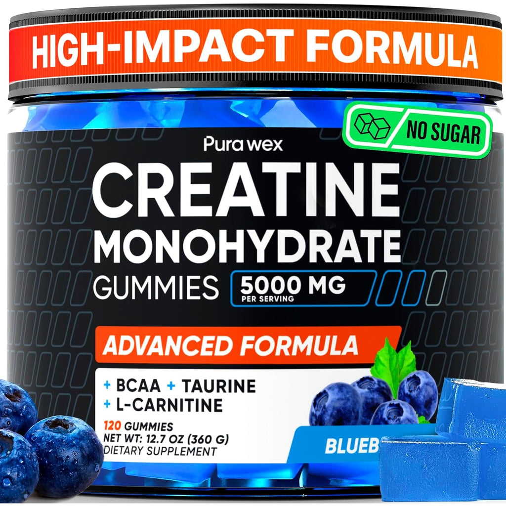Creatine Monohydrate Gummies 5000Mg Complex for Men & Women - Pre Workout Creatine Chews for Muscle Growth, Strength & Energy, Sugar Free, Vegan, Blueberry Flavor - 120 Count