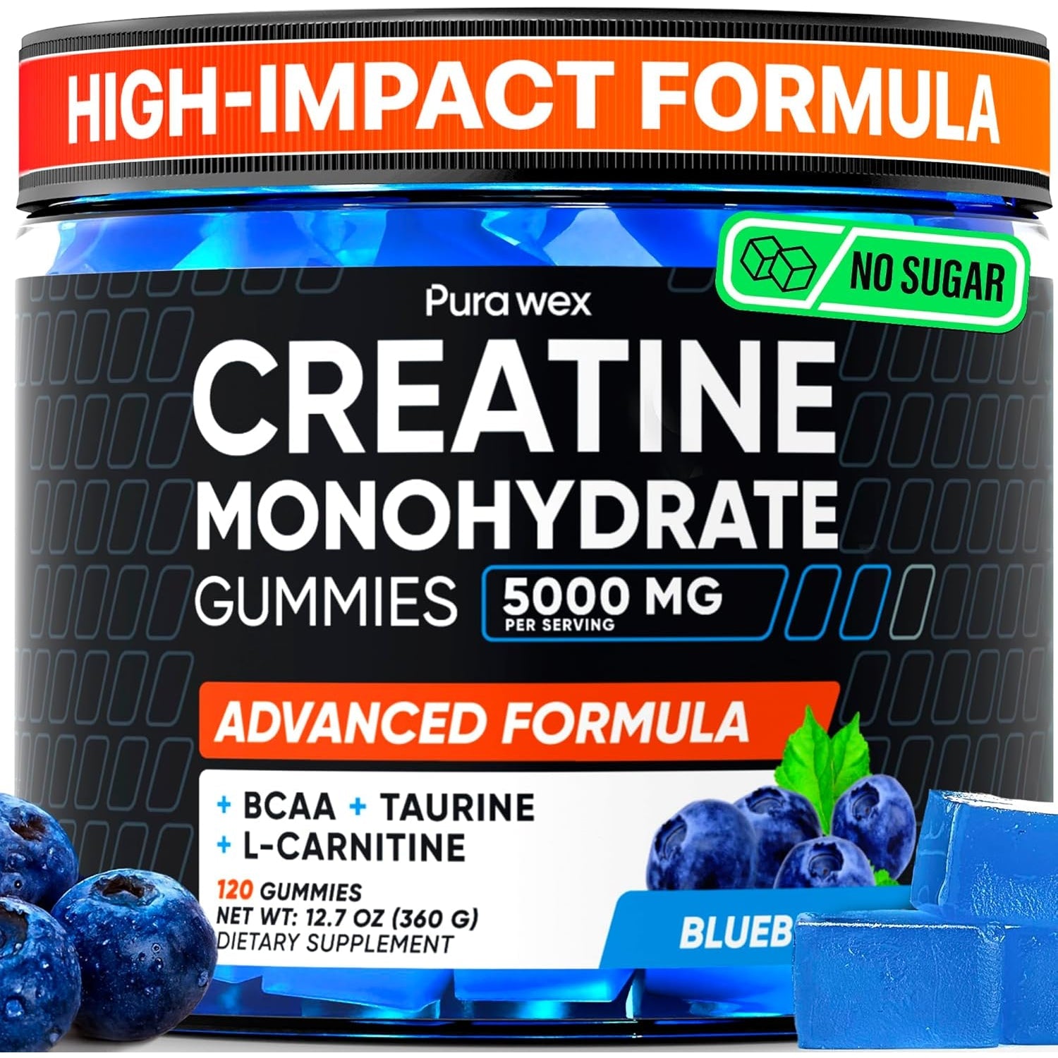 Creatine Monohydrate Gummies 5000Mg Complex for Men & Women - Pre Workout Creatine Chews for Muscle Growth, Strength & Energy, Sugar Free, Vegan, Blueberry Flavor - 120 Count