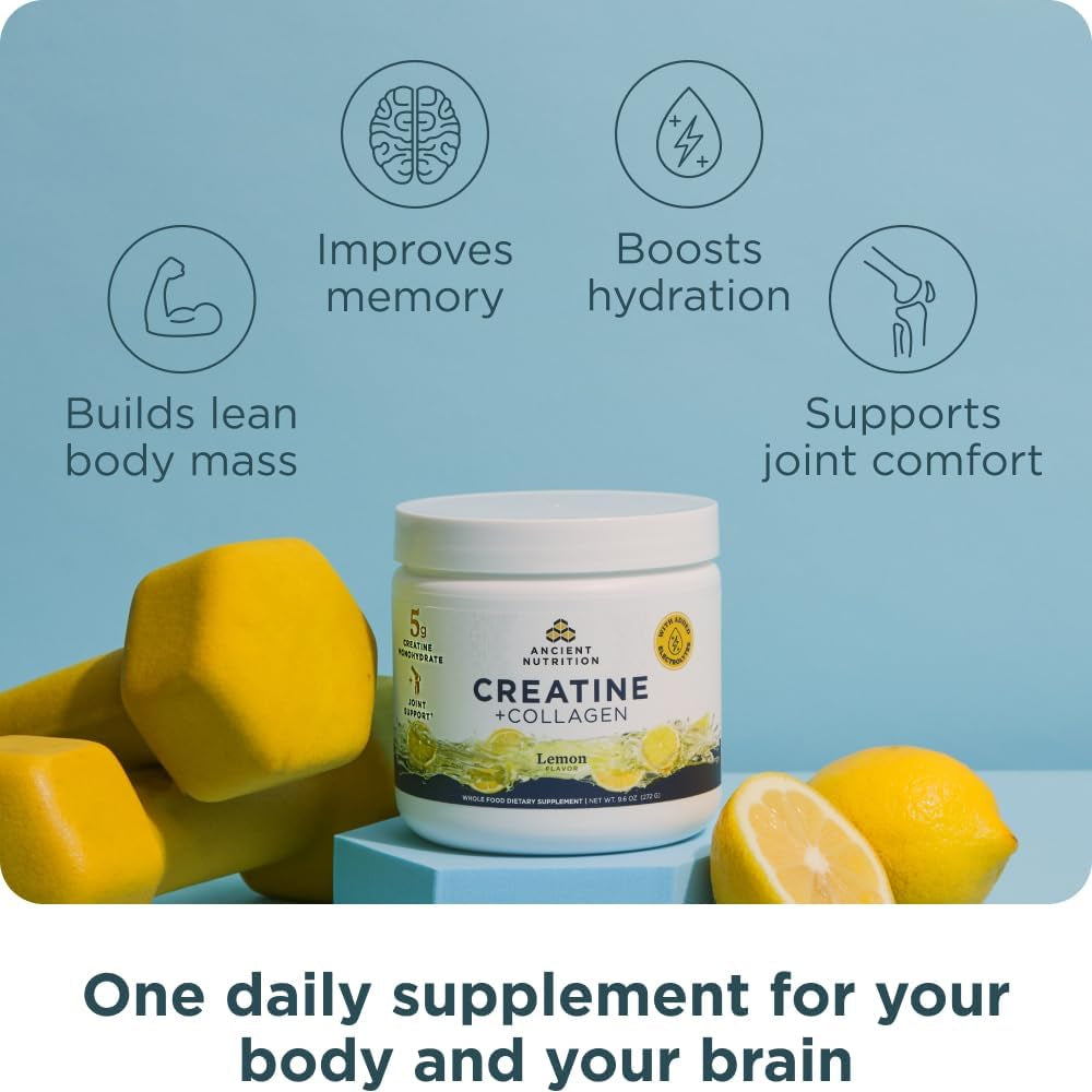 Ancient Nutrition Creatine + Collagen + Electrolytes – Muscle Strength, Lean Body Mass, Joint Comfort & Cognitive Support – Includes 5G Creatine Monohydrate for Women, Lemon (30 Servings)