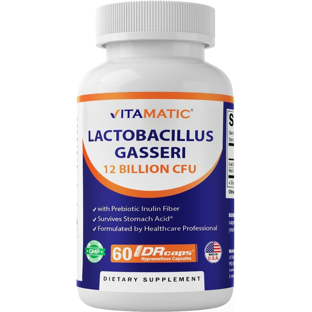 Vitamatic Lactobacillus Gasseri - 12 Billion per DR Capsule - 60 Count - Digestive Support - Made with Prebiotic Inulin Fiber