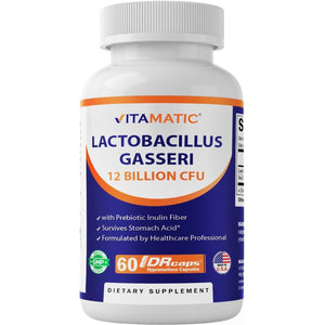 Vitamatic Lactobacillus Gasseri - 12 Billion per DR Capsule - 60 Count - Digestive Support - Made with Prebiotic Inulin Fiber