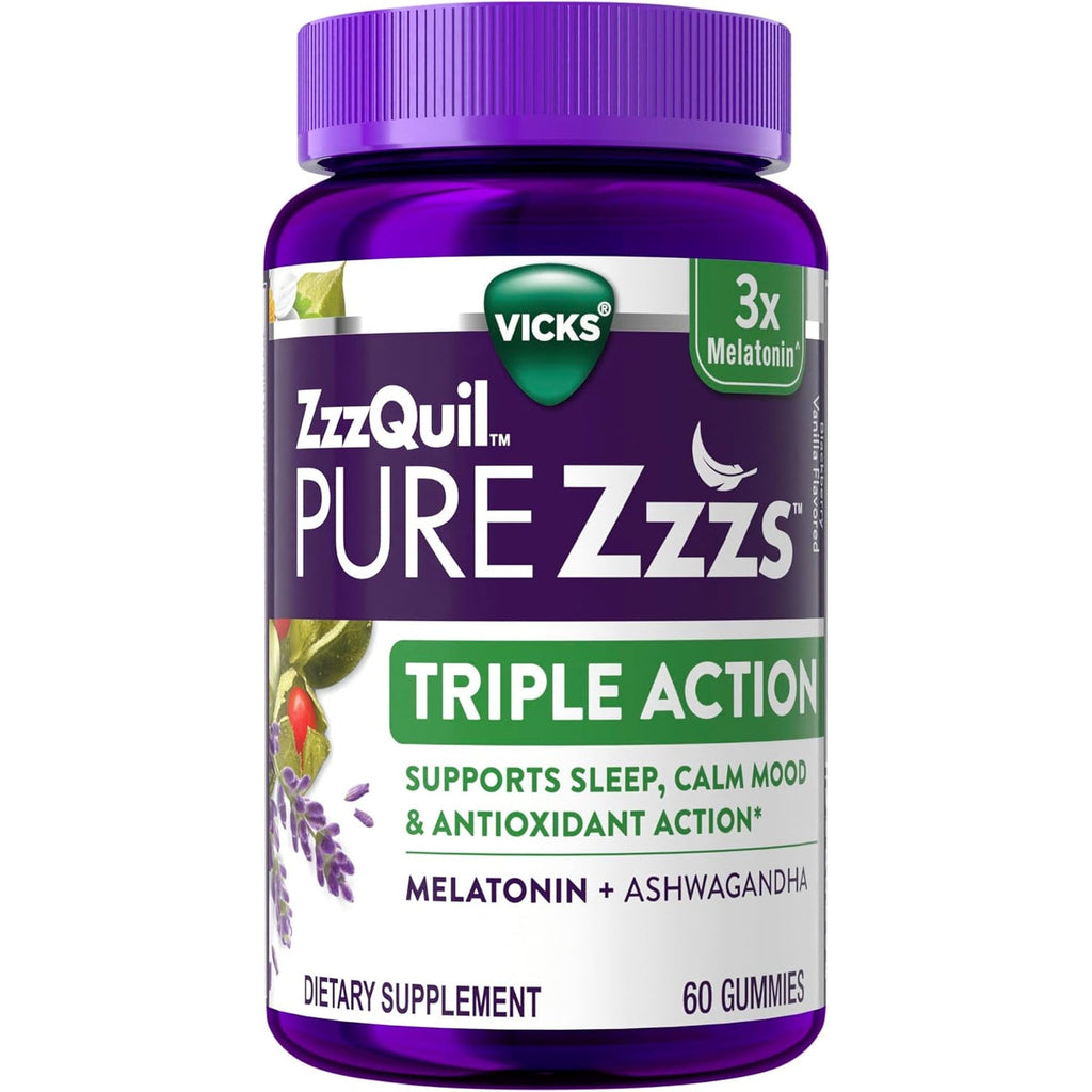 Zzzquil PURE Zzzs Triple Action, Melatonin Gummies, Melatonin 6Mg, 3X Melatonin, Sleep Aid with Ashwagandha, Calm Mood, Antioxidant Action, Sleep Aids for Adults, 60 Sleep Gummies