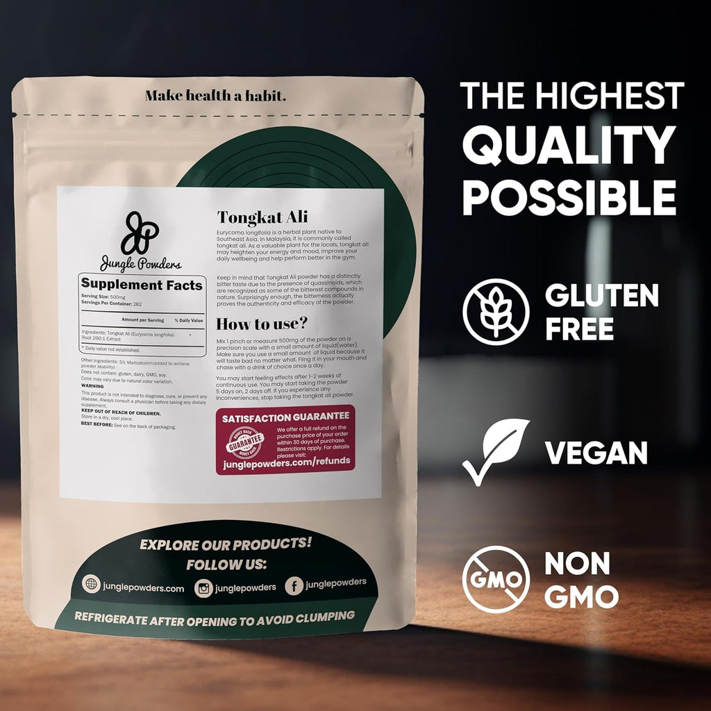 Jungle Powders Tongkat Ali for Men Powder 200:1 Extract 282 Servings 5 Ounce Bag Eurycoma Longifolia Powder Supplement Tonkat-Ali Pure Longjack Root Traditional Mens Health Support for Drive Passion