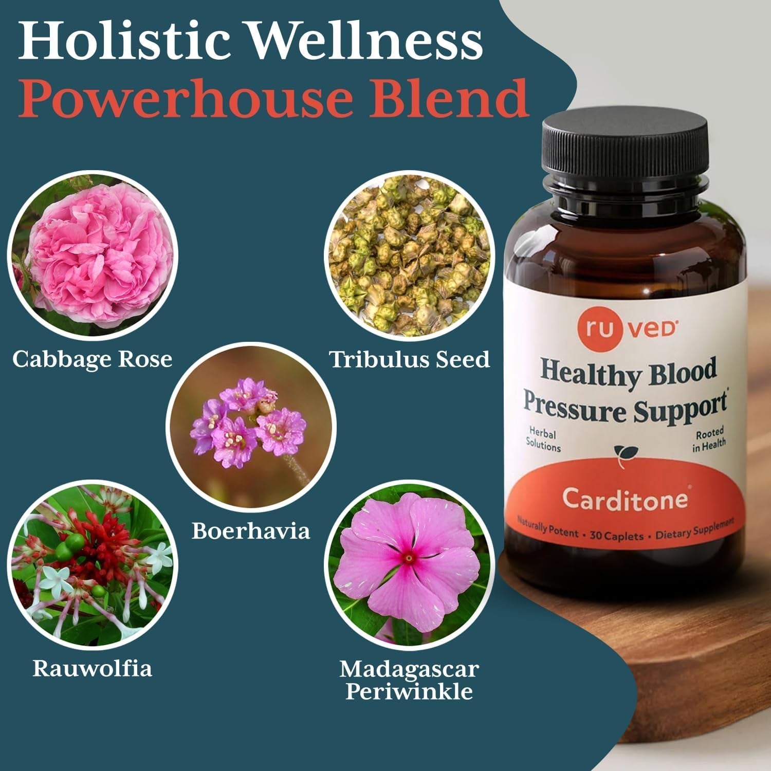 Ruved Carditone - Natural Heart Health Supplement for Women & Men, BP Formula, Holistic Heart Support with Rauwolfia, Arjuna, Calcium, and Magnesium - 30 Servings