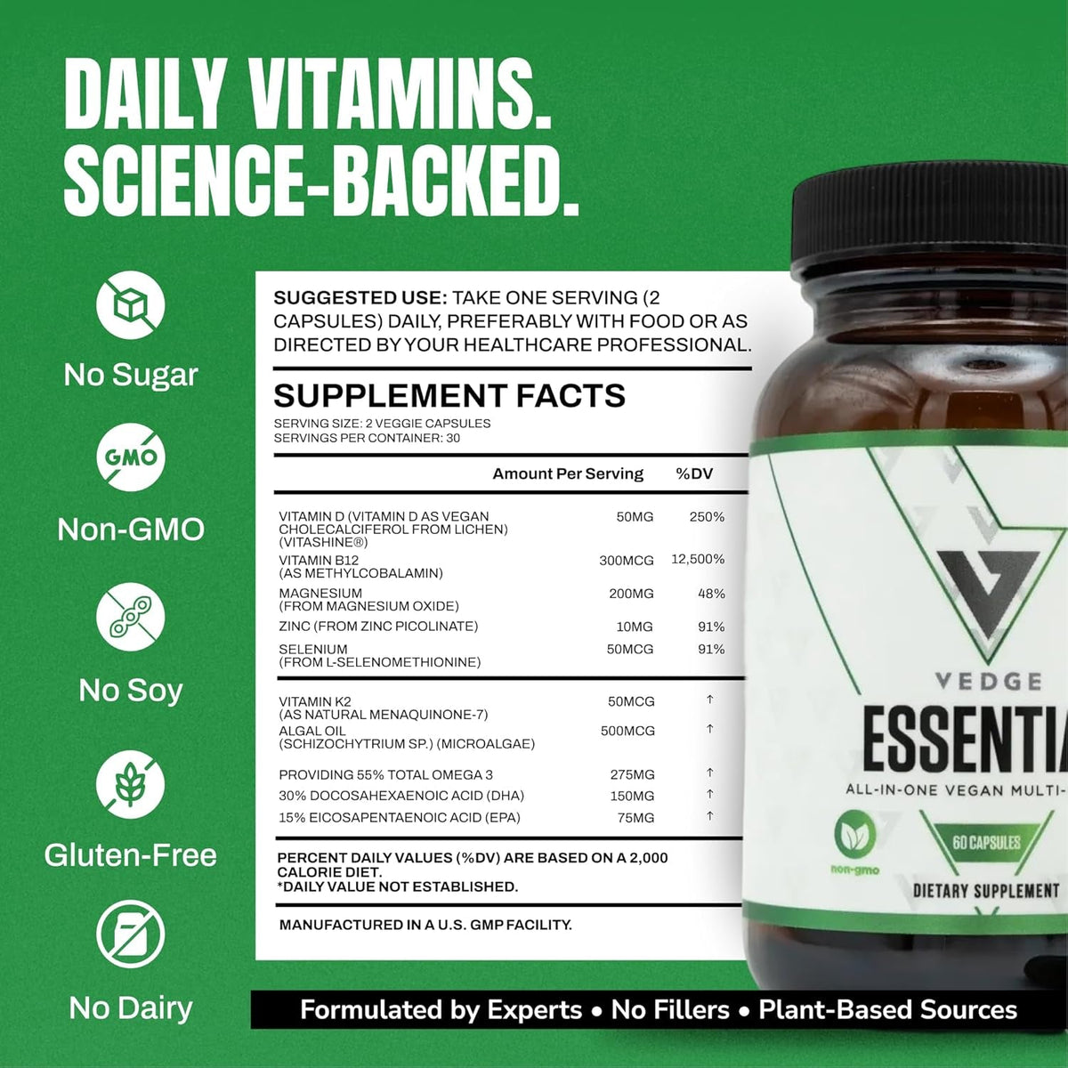 VEDGE Vegan Omega 3 Multivitamin for Women and Men – Plant-Based Algal EPA & DHA + Vitamin B12, Vitamin D, K2, Magnesium, Zinc & Selenium – 30-Day Supply – Non-Gmo, Gluten Free, Made in USA
