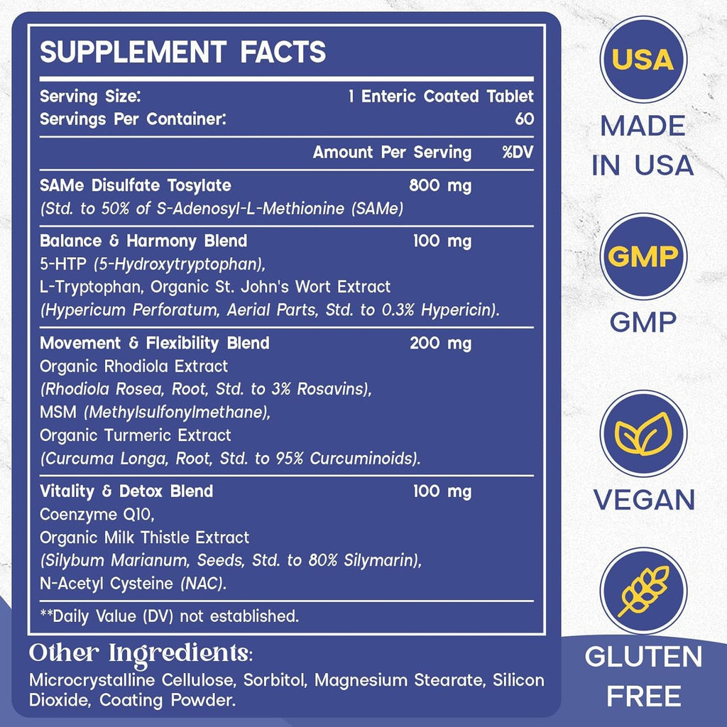 1200 MG SAM E Supplement for Brain, Mood, Joint, and Liver, High Absorption Sam-E (S-Adenosyl-L-Methionine) with Coq10, 5-HTP, Enteric Coated 60 Tablets, Vegan
