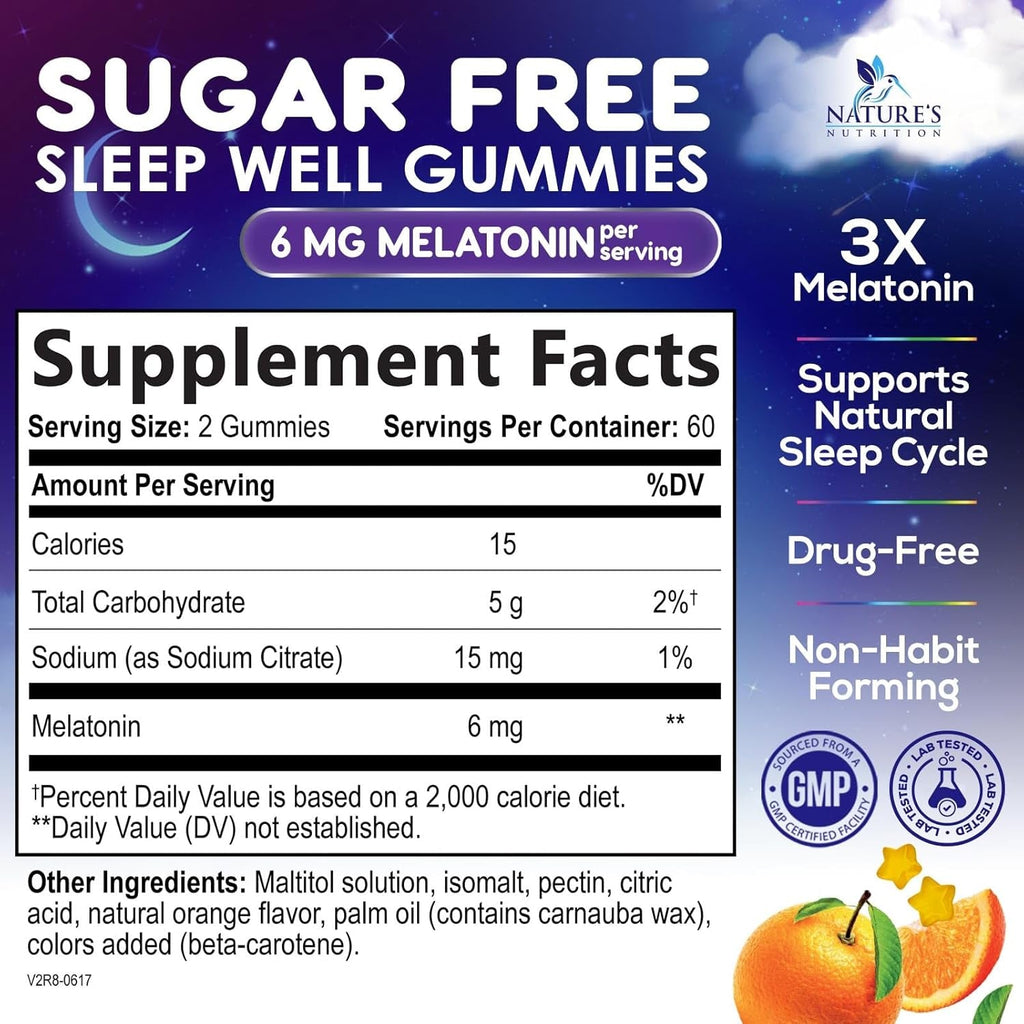 Melatonin Sleep Gummies - Melatonin 6Mg per Serving - Sugar-Free Melatonin Gummy for Adults - Extra Strength Sleeping Gummy Supplement - Supports Restful Sleep - Tasty Orange Flavor - 120 Gummies