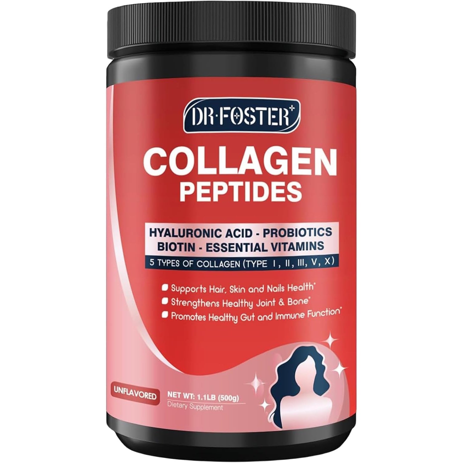 DRFOSTER Multi-Collagen-Peptide-Powder with Probiotics, 50 Servings of Hydrolyzed Collagen Peptides with Hyaluronic Acid, Biotin & Multivitamins - Supports Skin, Hair, Nails Health