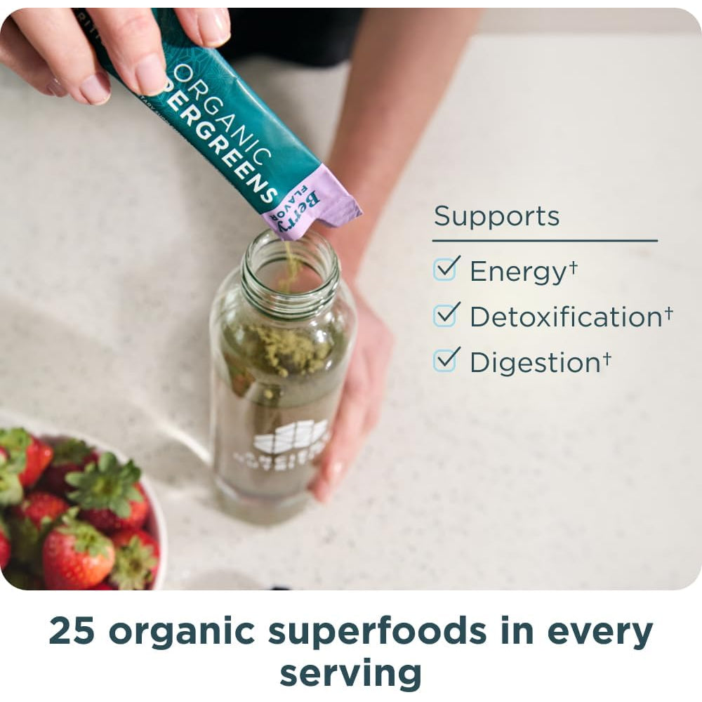 Ancient Nutrition Supergreens Powder with Probiotics, Organic Berry Flavor Greens, Made from Real Fruits, Vegetables and Herbs, Digestive and Energy Support, 16 Stick Packs, 4.2Oz