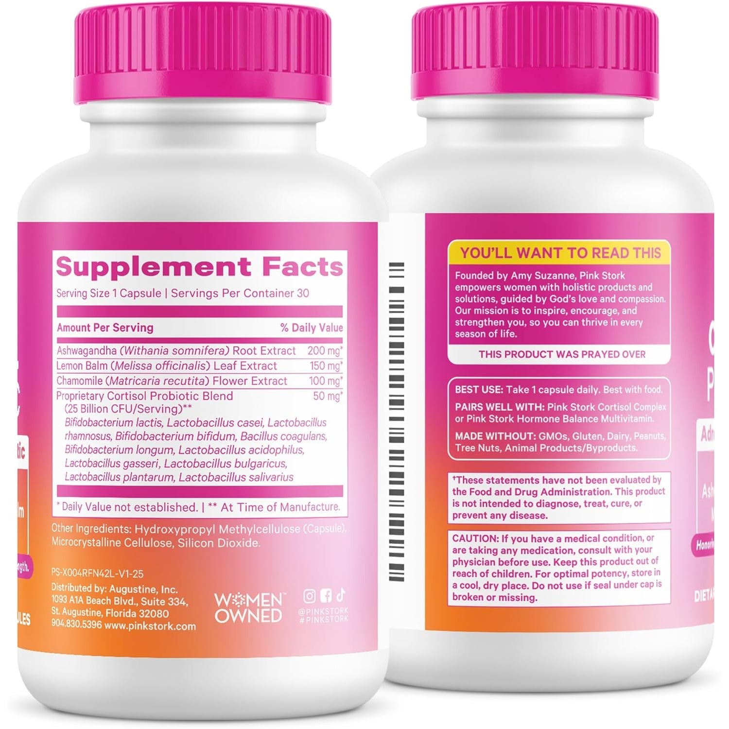 Pink Stork Cortisol Probiotic for Women – Mood and Adrenal Support Supplement – Ashwagandha, Lemon Balm, Chamomile, 25 Billion CFU – Gut Health, Energy, Focus – Lower Cortisol – 30 Capsules