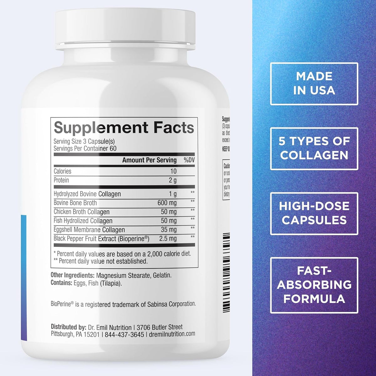 Dr. Emil Nutrition Multi Collagen - Hydrolyzed Collagen Supplement - Types I, II, III, V & X - Hair, Skin, Nails & Joint Support - Non-Gmo & Dairy-Free - plus Biotin & Vitamin D - 60 Servings