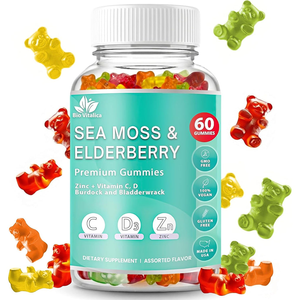 Irish Sea Moss Gummies with Elderberry – USA Made Vegan Gummies with Vitamin C, D & Zinc – Immune Support Supplement with Bladderwrack & Burdock Root for Adults & Kids – 60 Count