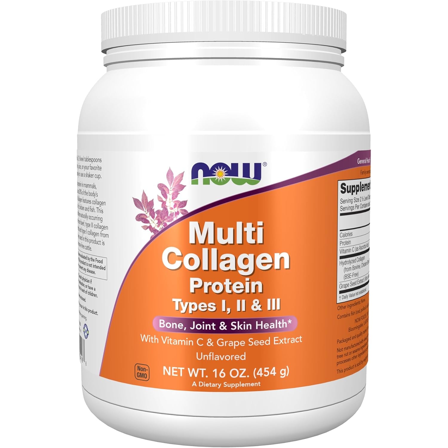 Now Foods Supplements, Multi Collagen Protein Types I, II & III Powder, Bone, Joint, and Skin Health, 16 Oz (454 G)
