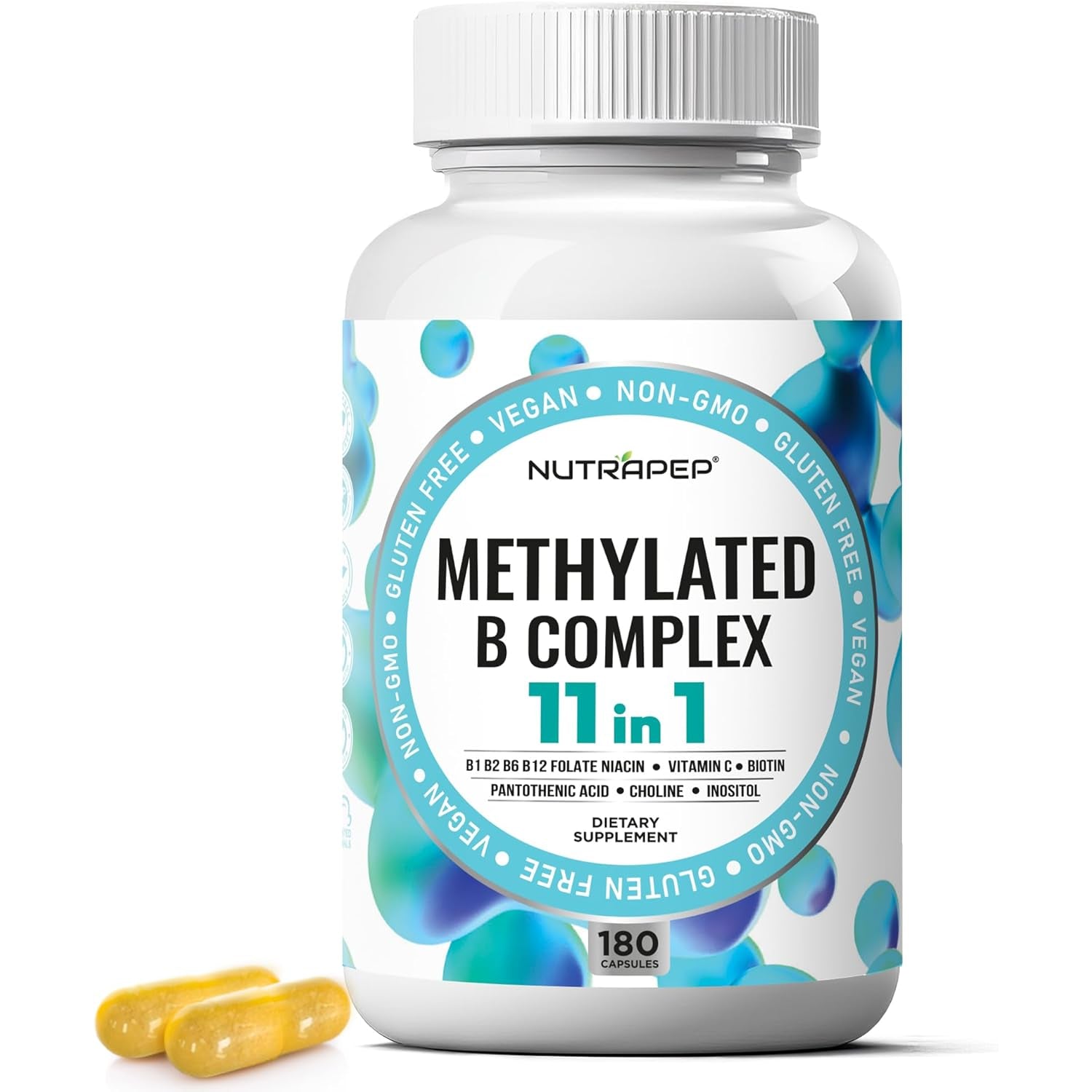 Nutrapep Methylated B-Complex Vitamins - Complete Methyl B Complex Multivitamin with Bioactive B9 5-MTHF B6 B12 - MTHFR Support Supplement for Brain Heart Energy - Vegan Gluten Free Sugar Free