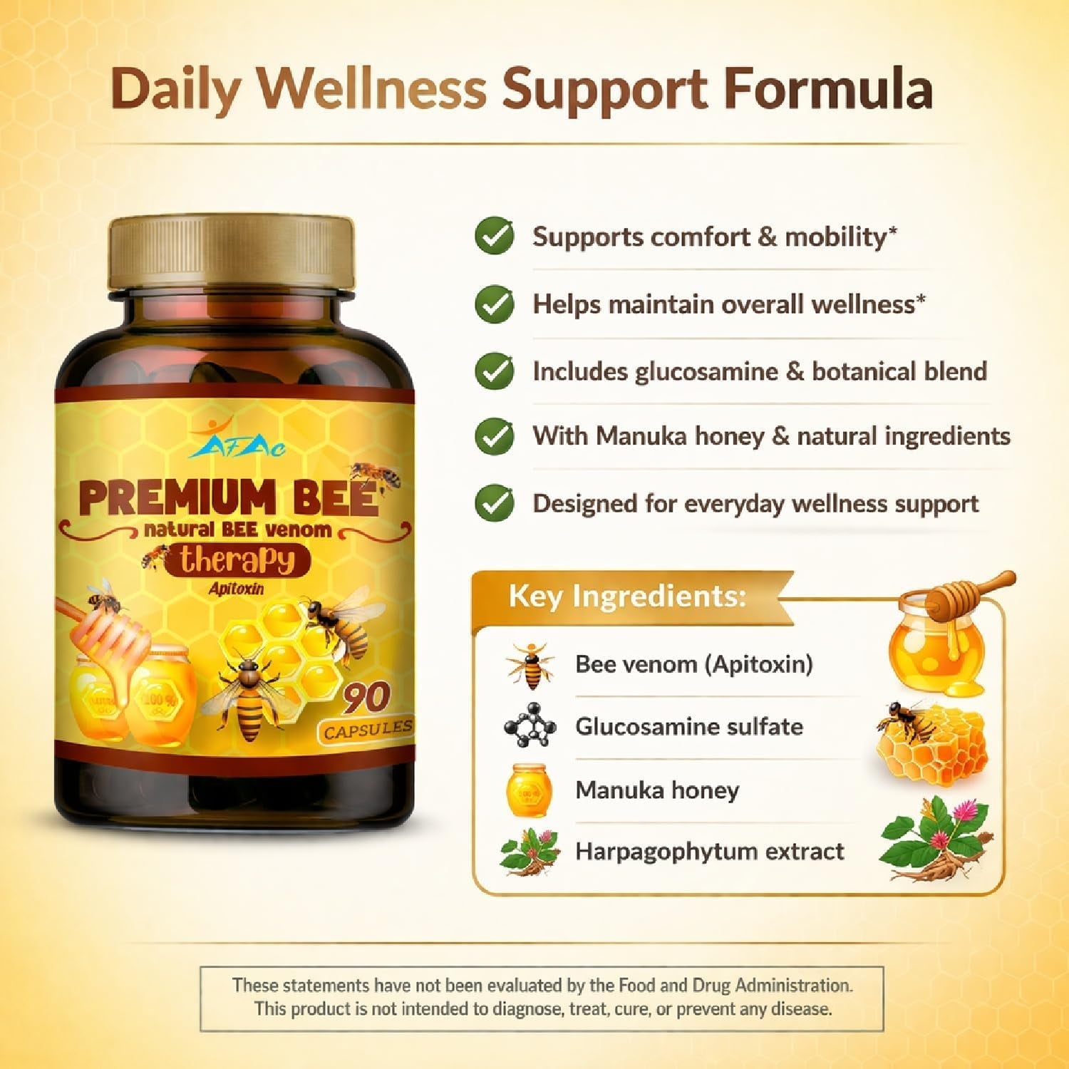 VITAMISAN Premium Natural Bee Venom with Glucosamine Sulfate Veneno Abeja 90 Capsulas Apitoxin Manuka Honey Dietary Supplement