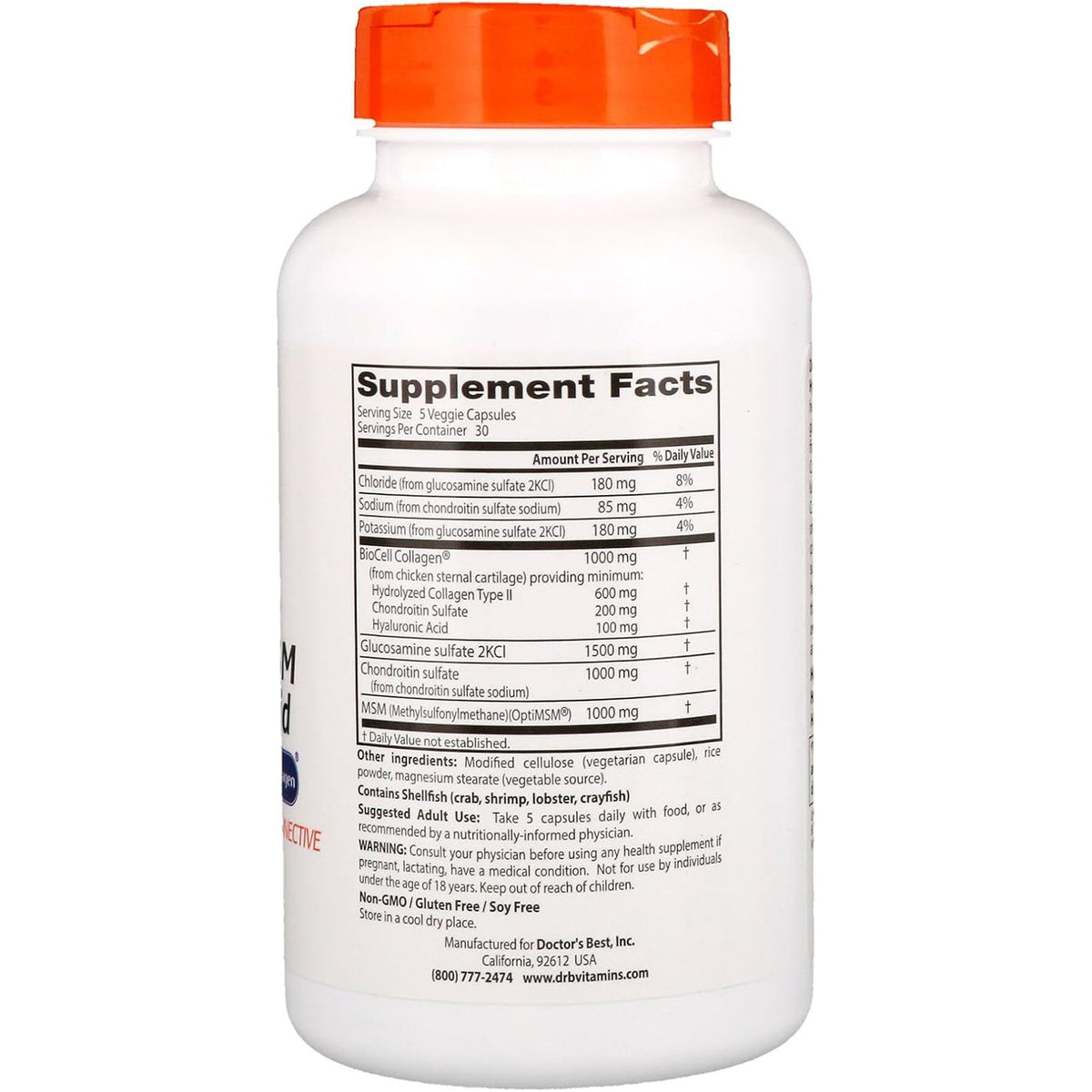 Doctor'S Best Glucosamine Chondroitin MSM + Hyaluronic Acid with Optimsm Featuring Biocell Collagen, Joint Support, Non-Gmo, Gluten & Soy Free, 150 Caps