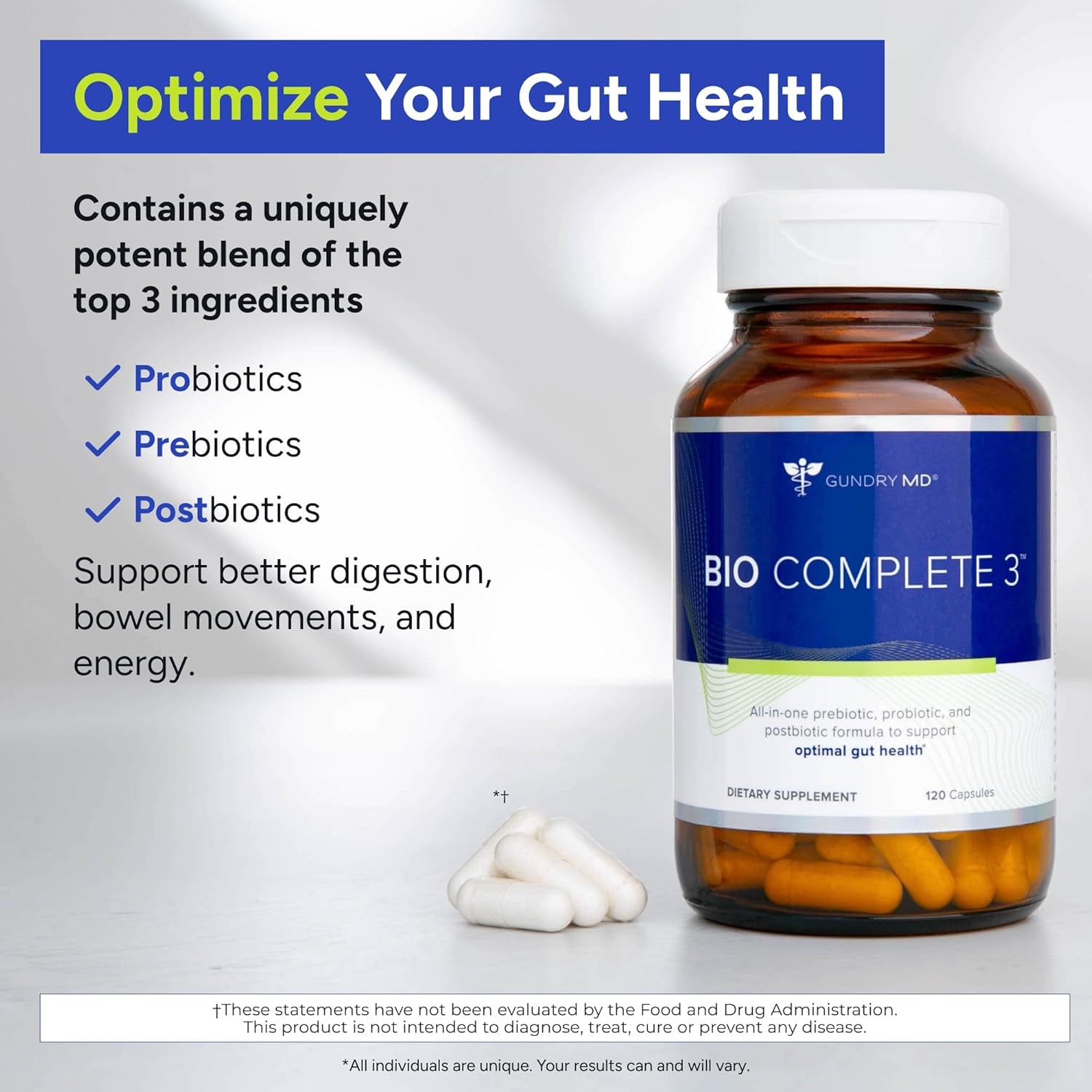 Gundry MD® Bio Complete 3, 3-In-1 Probiotics for Gut Health, Probiotic Supplements for Digestion, Supplement Supporting Bloating, Gas, Food Cravings, Energy Levels, Skin, and Focus, 30 Day Supply