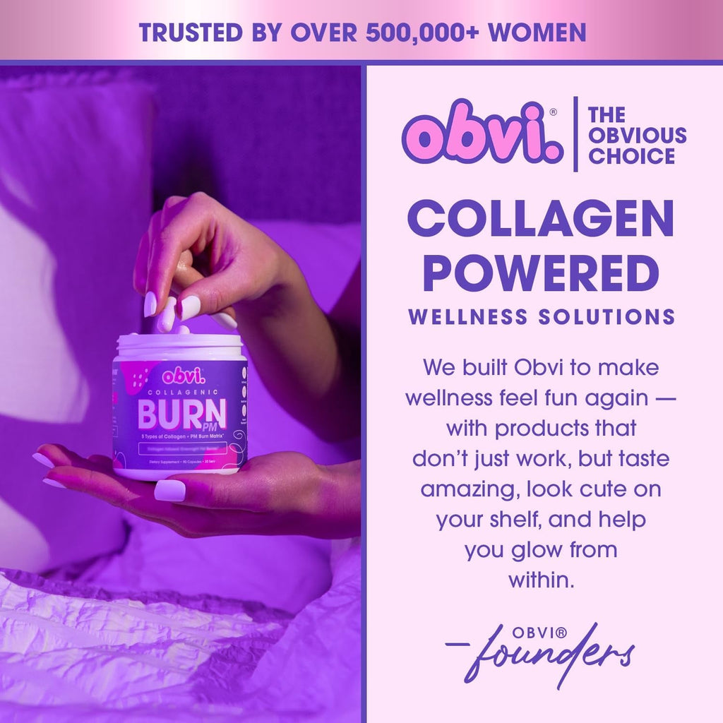 Obvi Collagenic Burn PM | Nighttime Collagen Peptides for Sleep & Recovery | 5 Types Collagen + Ashwagandha, GABA & Melatonin | Capsiburn Metabolic Support | 90 Capsules | Made in USA