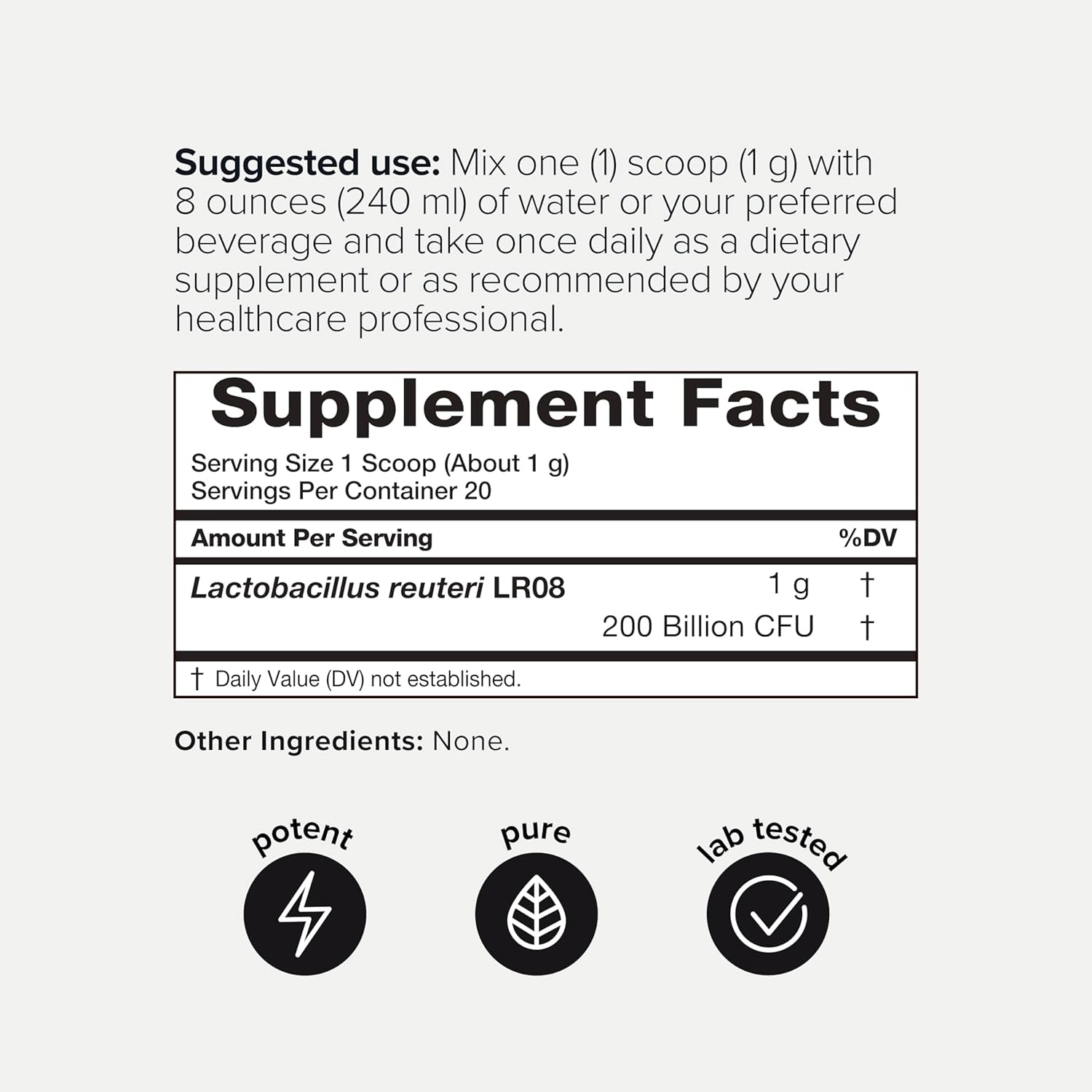 Toniiq L Reuteri Powder 200 Billion CFU– Lactobacillus Reuteri LR08 Probiotic – 1G per Serving – High-Potency Single-Strain Probiotic Powder – 20 Servings