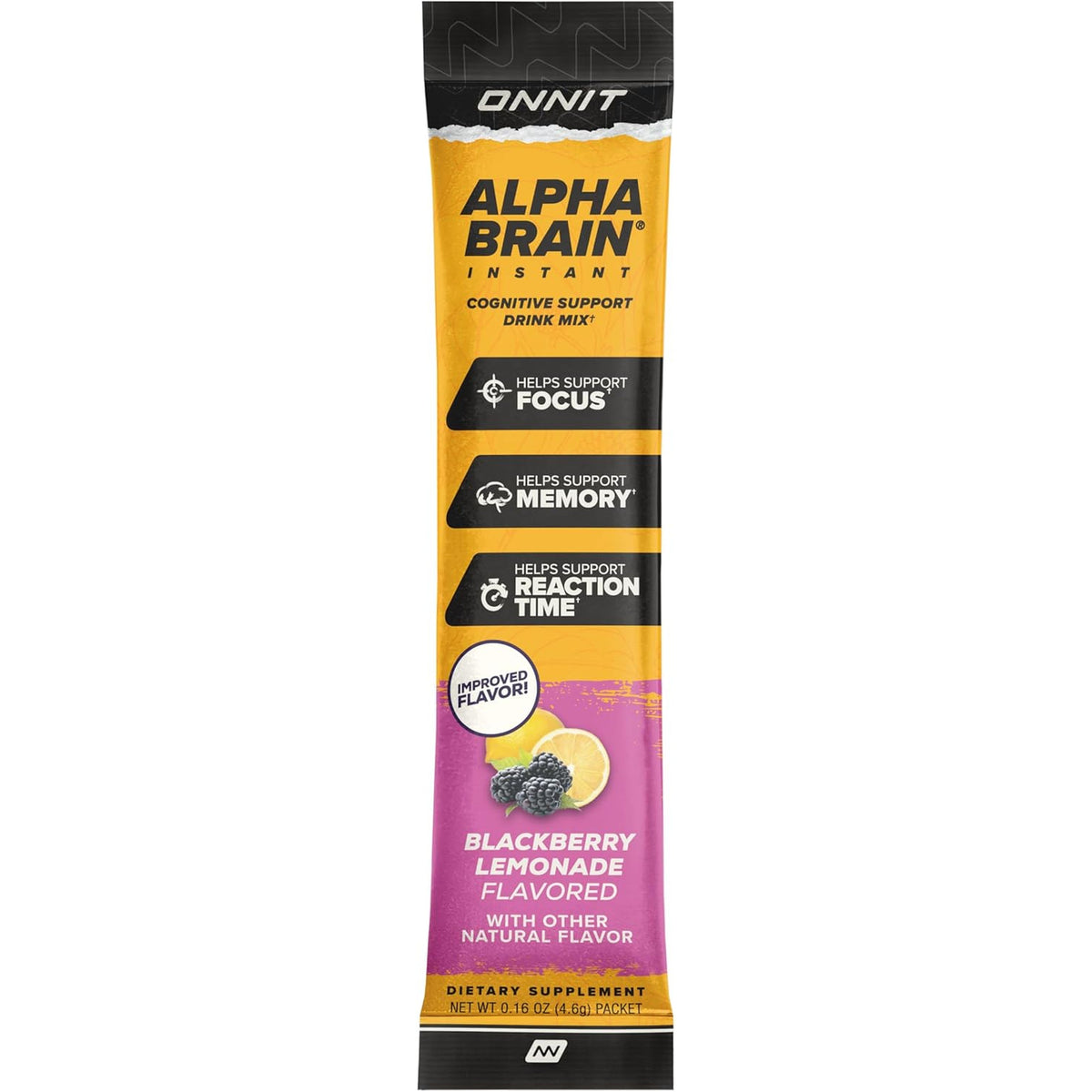 ONNIT Alpha Brain Instant Cognitive Support Drink Mix, Blackberry Lemonade Flavor, Nootropic Supplement for Focus, Memory, and Clarity, 0.13 Oz Packets, 30 Count