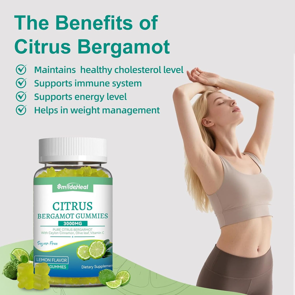 Citrus Bergamot Gummies 3000Mg, Bergamot Supplement for High Cholesterol, Cholesterol Lowering Supplement for Heart, Immune System & Anti-Aging, Sugar Free Vegan 60 Gummies