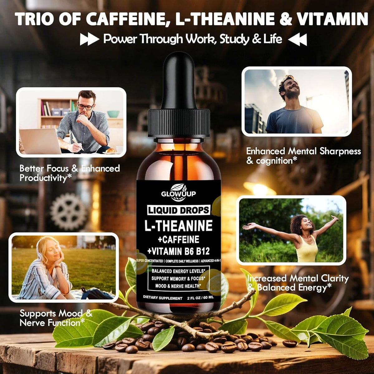 L-Theanine Supplement with Caffeine, Organic Liquid Caffeine 50Mg W. L-Theanine 100Mg, Vitamin B12 B6 for Focused Energy, Alertness & Recess Mood, Nootropic Brain Drops for Women & Men丨30 Days Supply