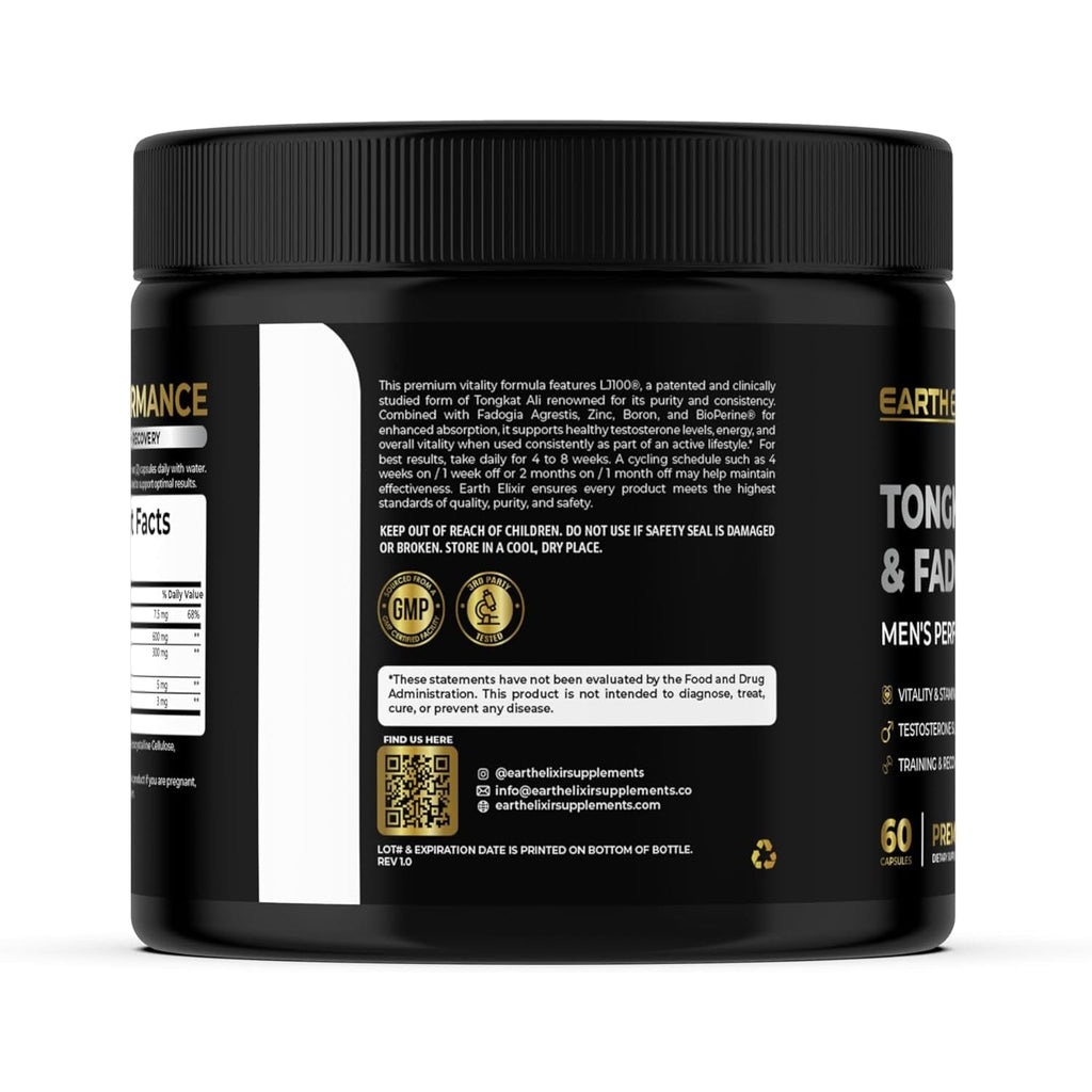 Earth Elixir LJ100 Tongkat Ali & Fadogia Agrestis for Men – Natural Testosterone Supplement - Made in USA & 3Rd Party Tested for Strength, Energy & Vitality - Clinically Studied Tongkat Ali LJ100