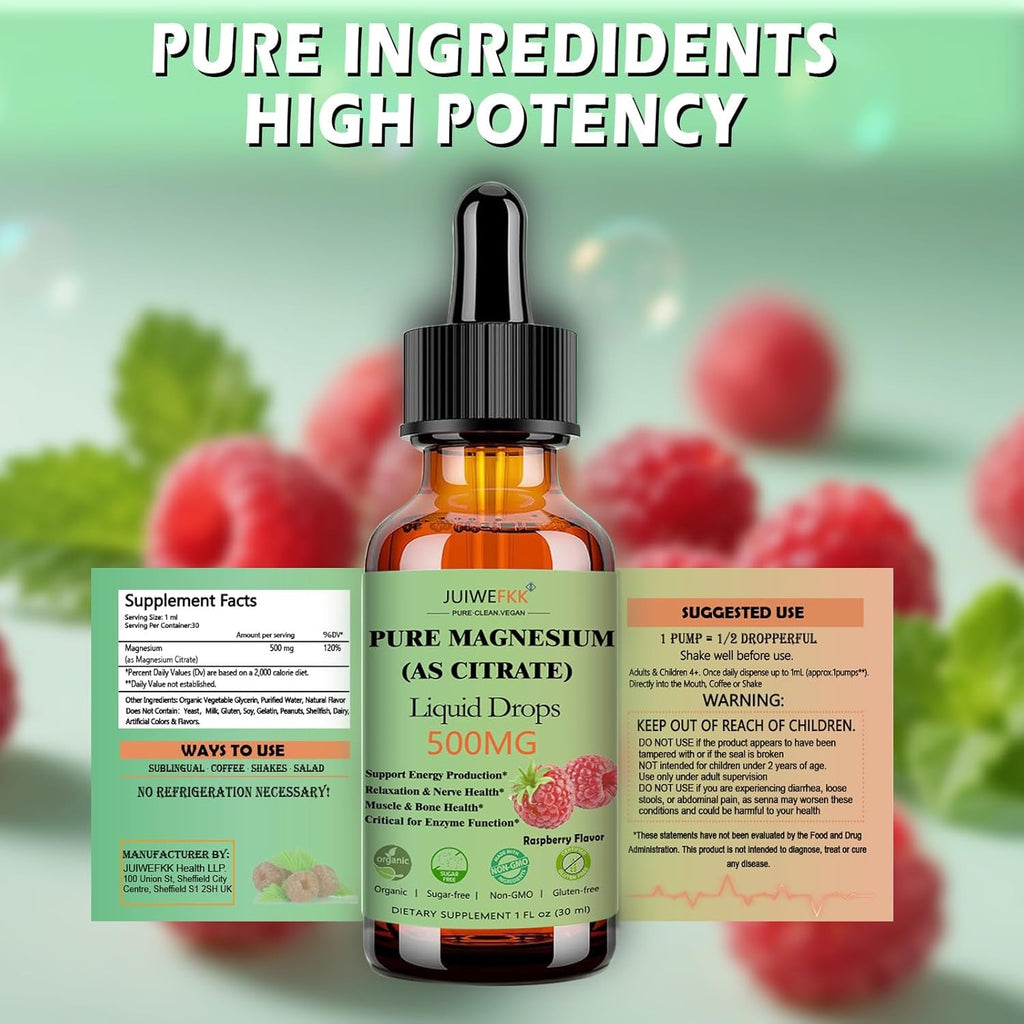 Pure Magnesium Citrate 500Mg Liquid Drops, High Absorption Chelated Calm Magnesium for Sleep Relaxation Muscle Bone Nerve & Brain Health, Gentle on Stomach, Non GMO, Vegan for Women Men & Kids