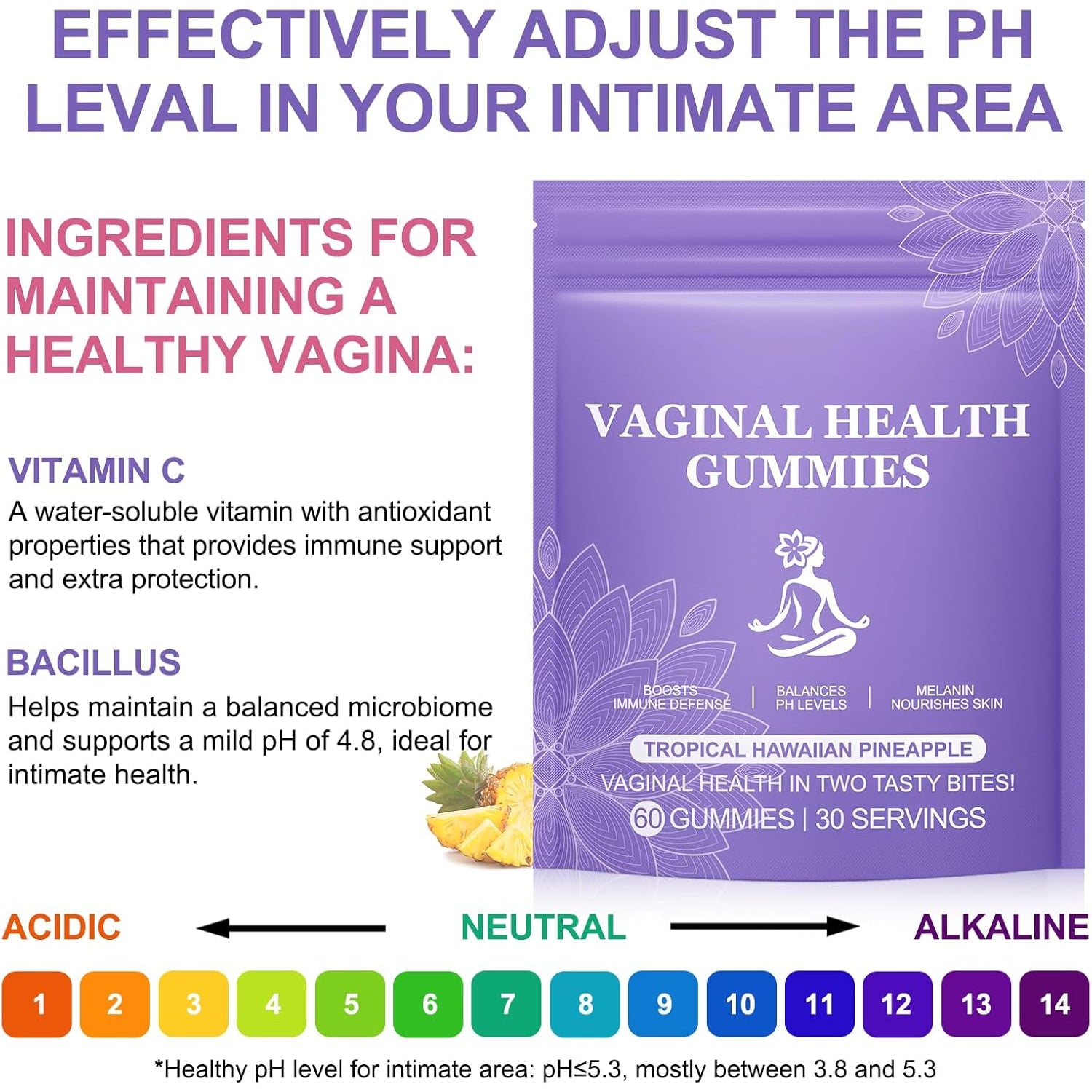 Premium Feminine Balance Gummies,Vital Vaginal Probiotics Source Feminine Gummies,Pineapple Flavor for Women Ph,For Women of All Ages - Probiotics for Digestion, Gut Health, Immune Support